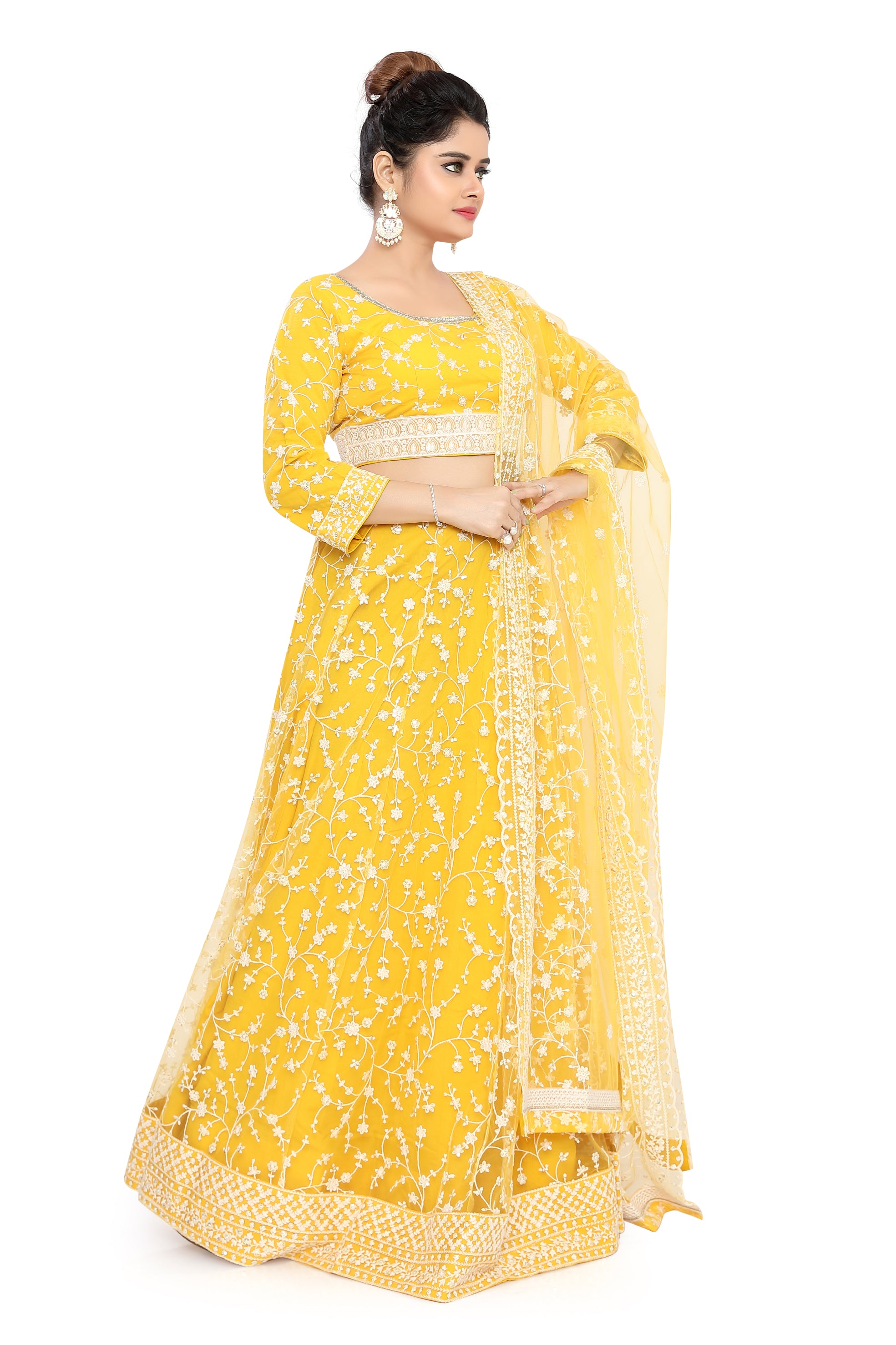 Yellow Embroidered Net Lehenga Choli