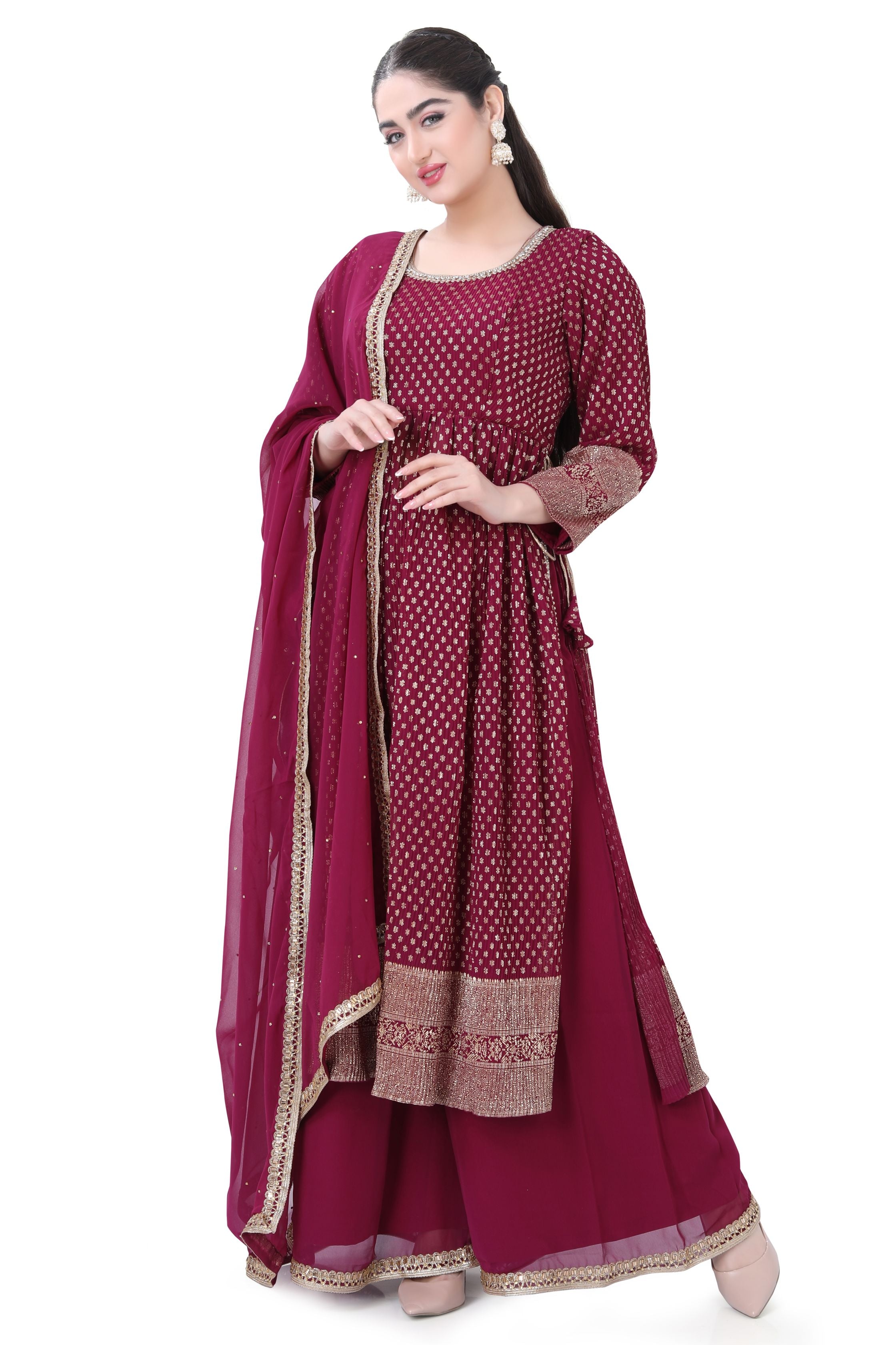 Magenta Floor Length Anarkali Dress in Georgette Fabric With foil Butti