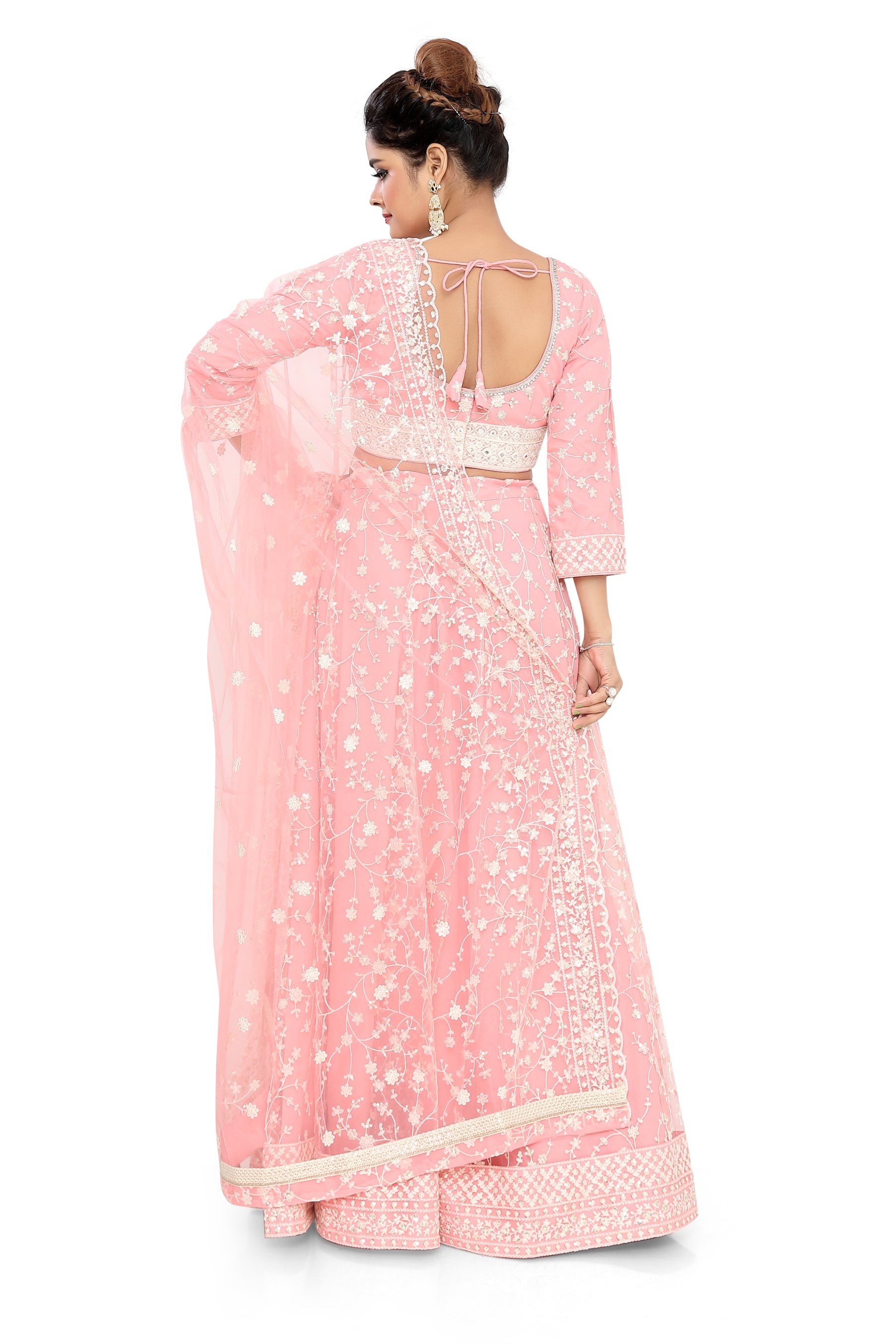 Peach Embroidered Net Lehenga Choli