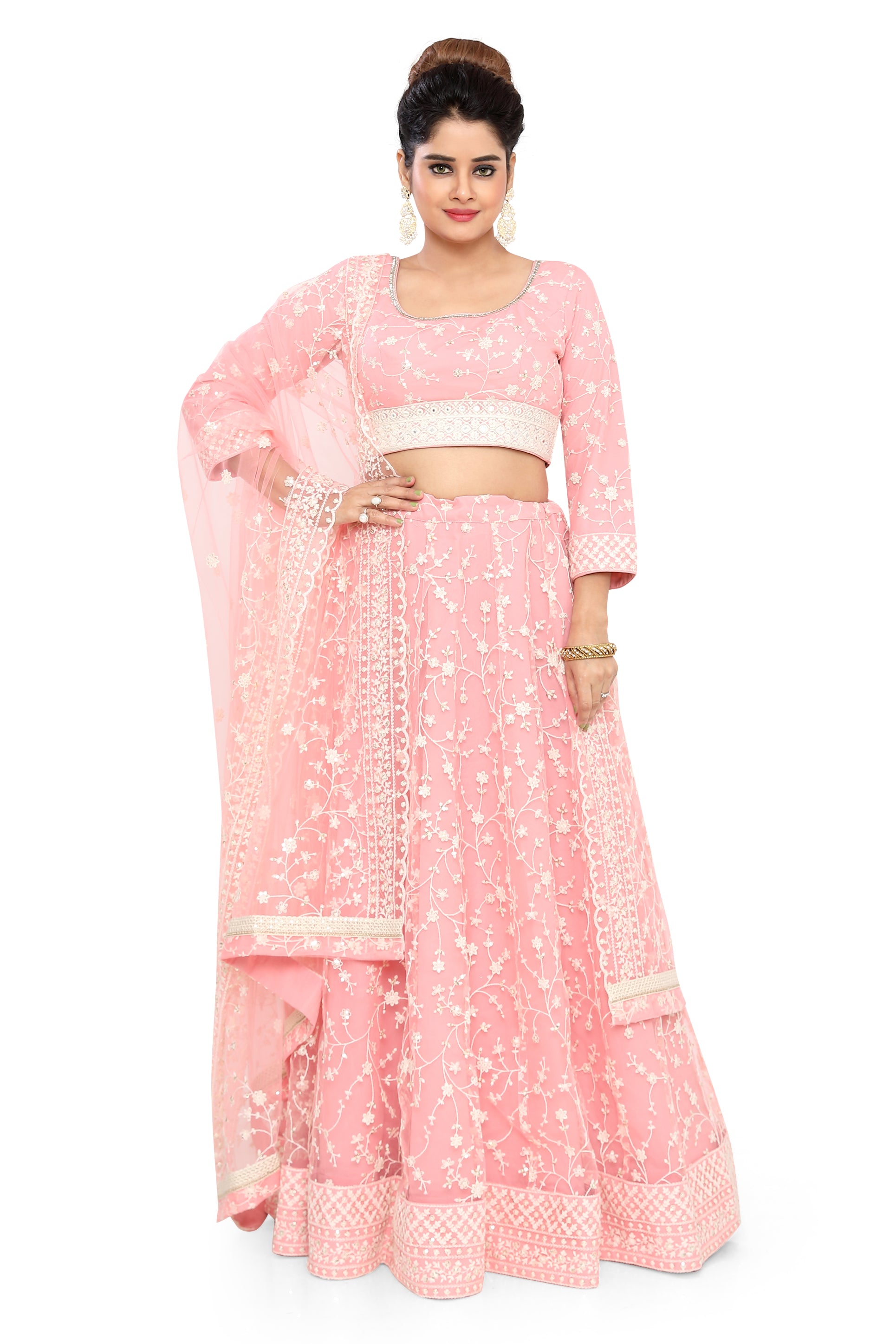 Peach Embroidered Net Lehenga Choli