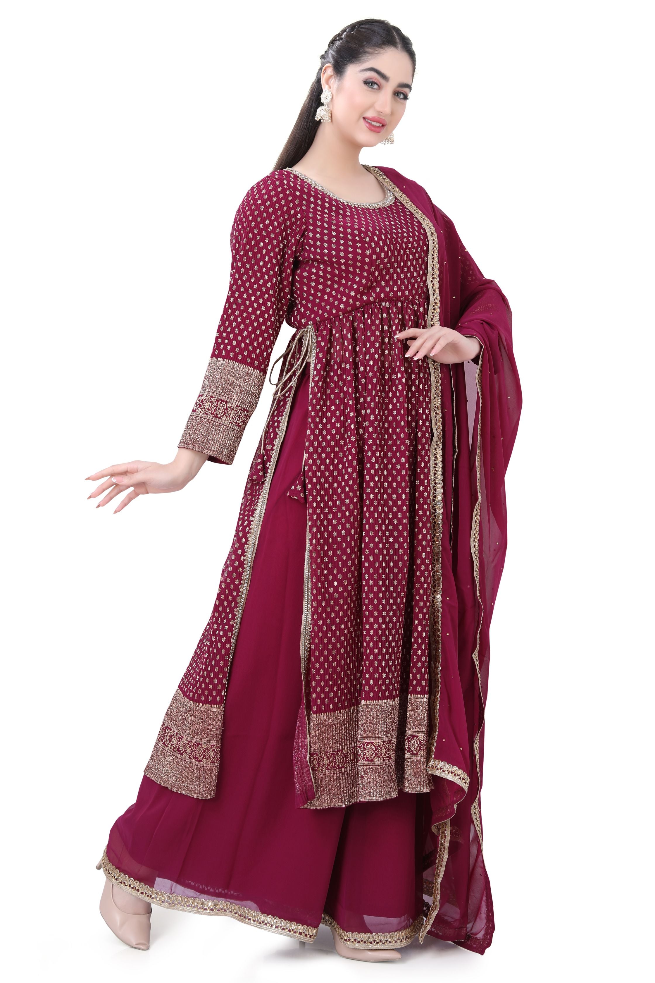Magenta Floor Length Anarkali Dress in Georgette Fabric With foil Butti
