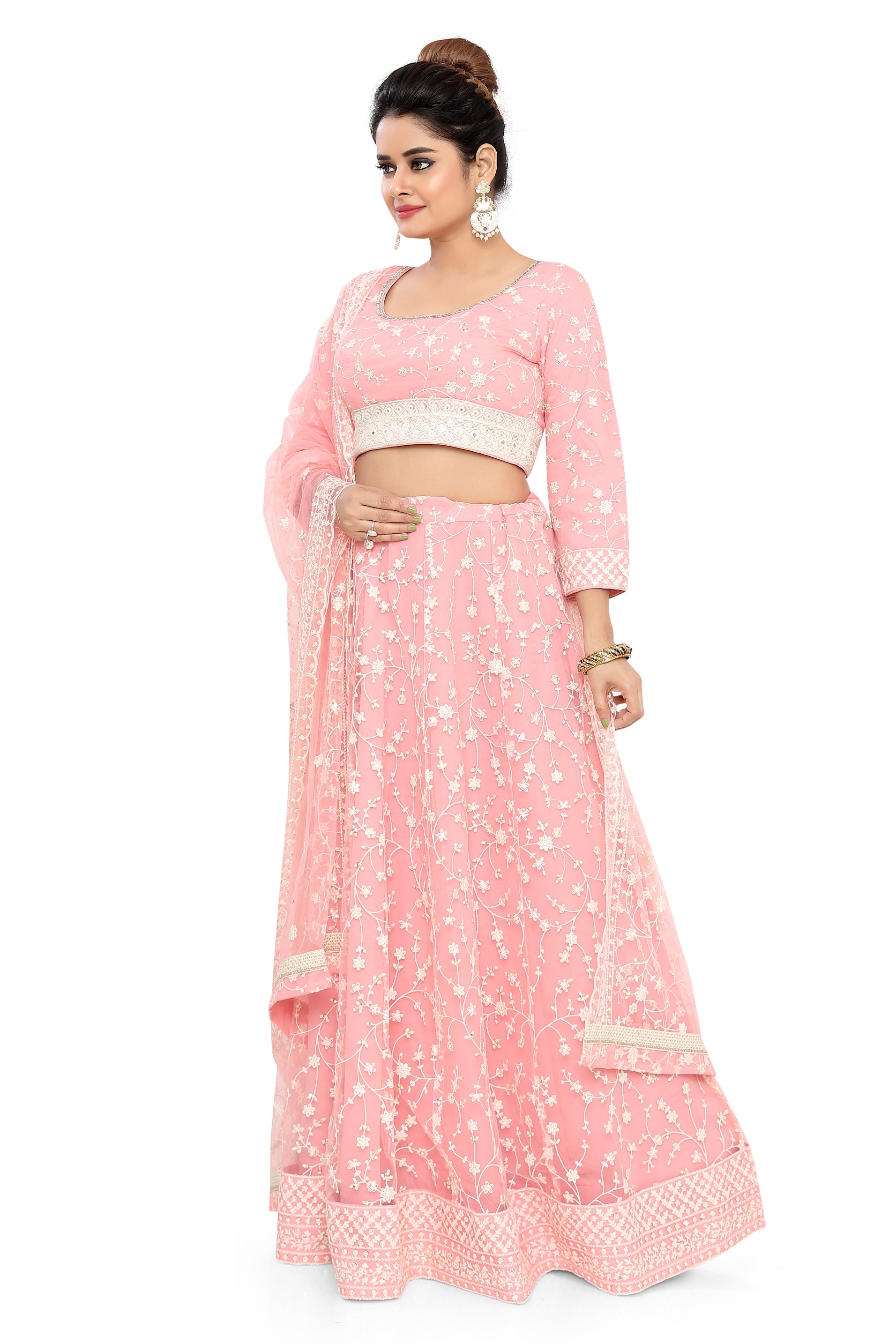 Peach Embroidered Net Lehenga Choli