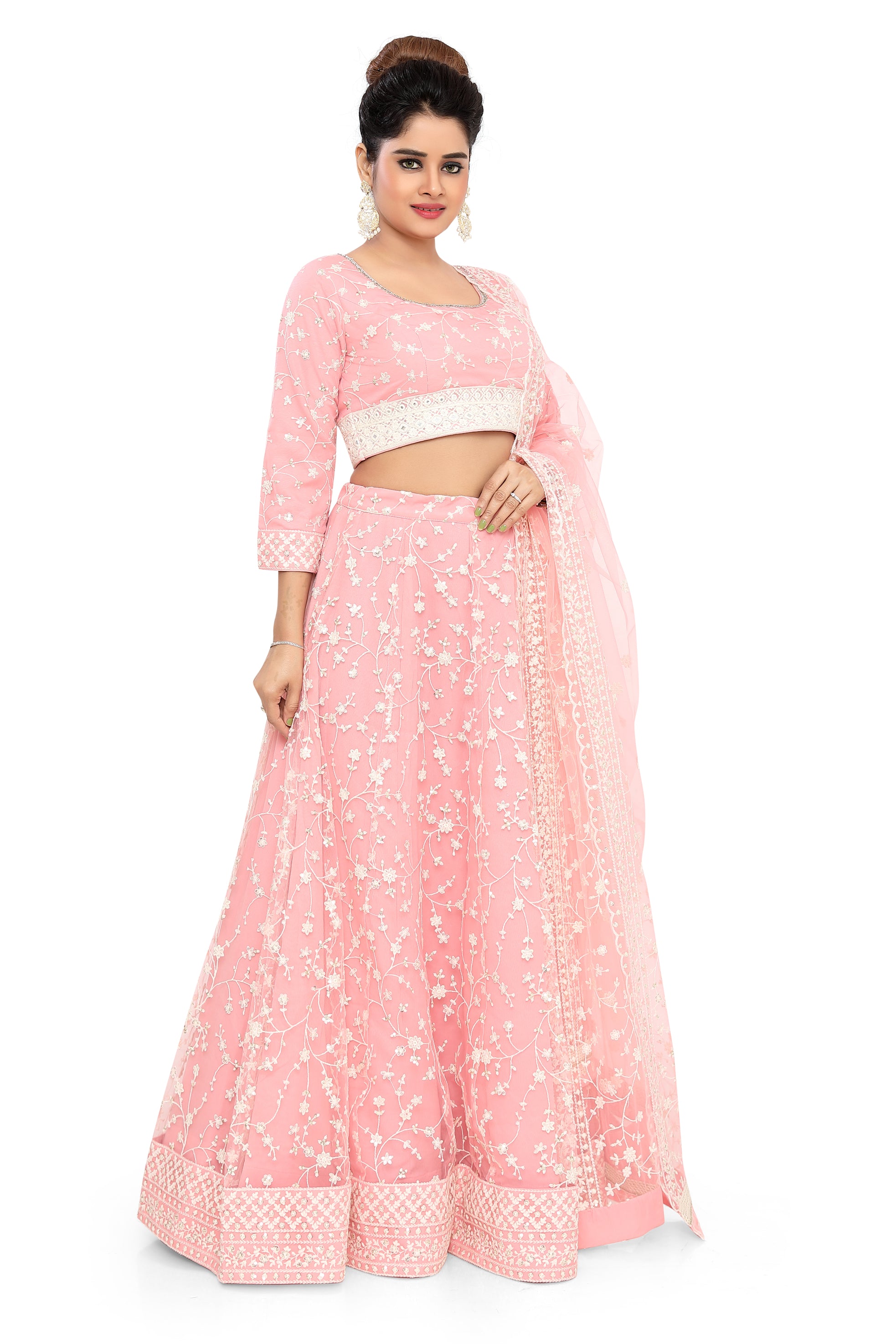 Peach Embroidered Net Lehenga Choli