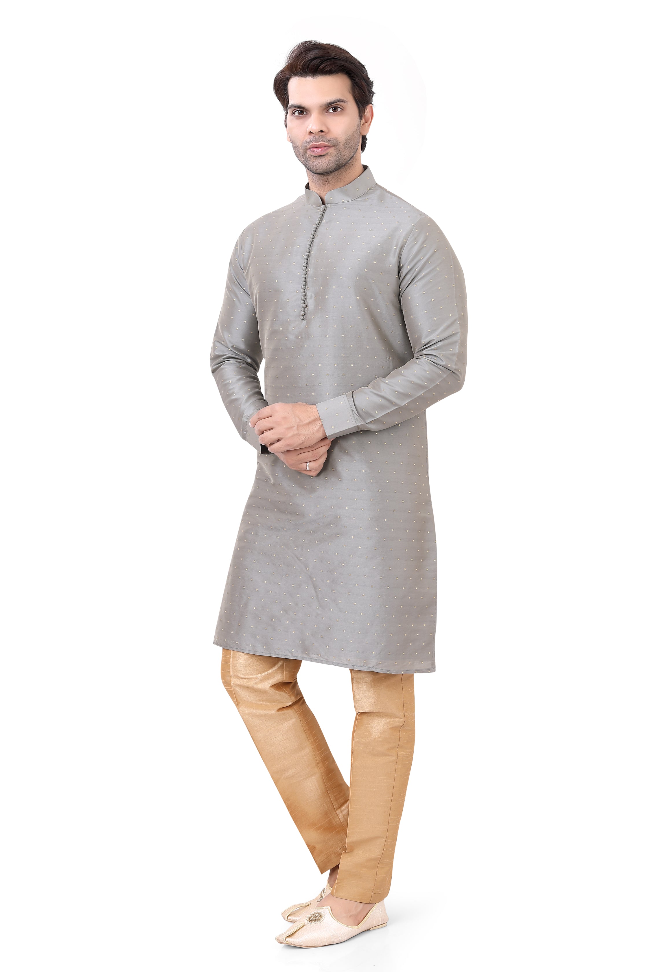 Plus Size Silk Kurta Pajama in Grey Colour