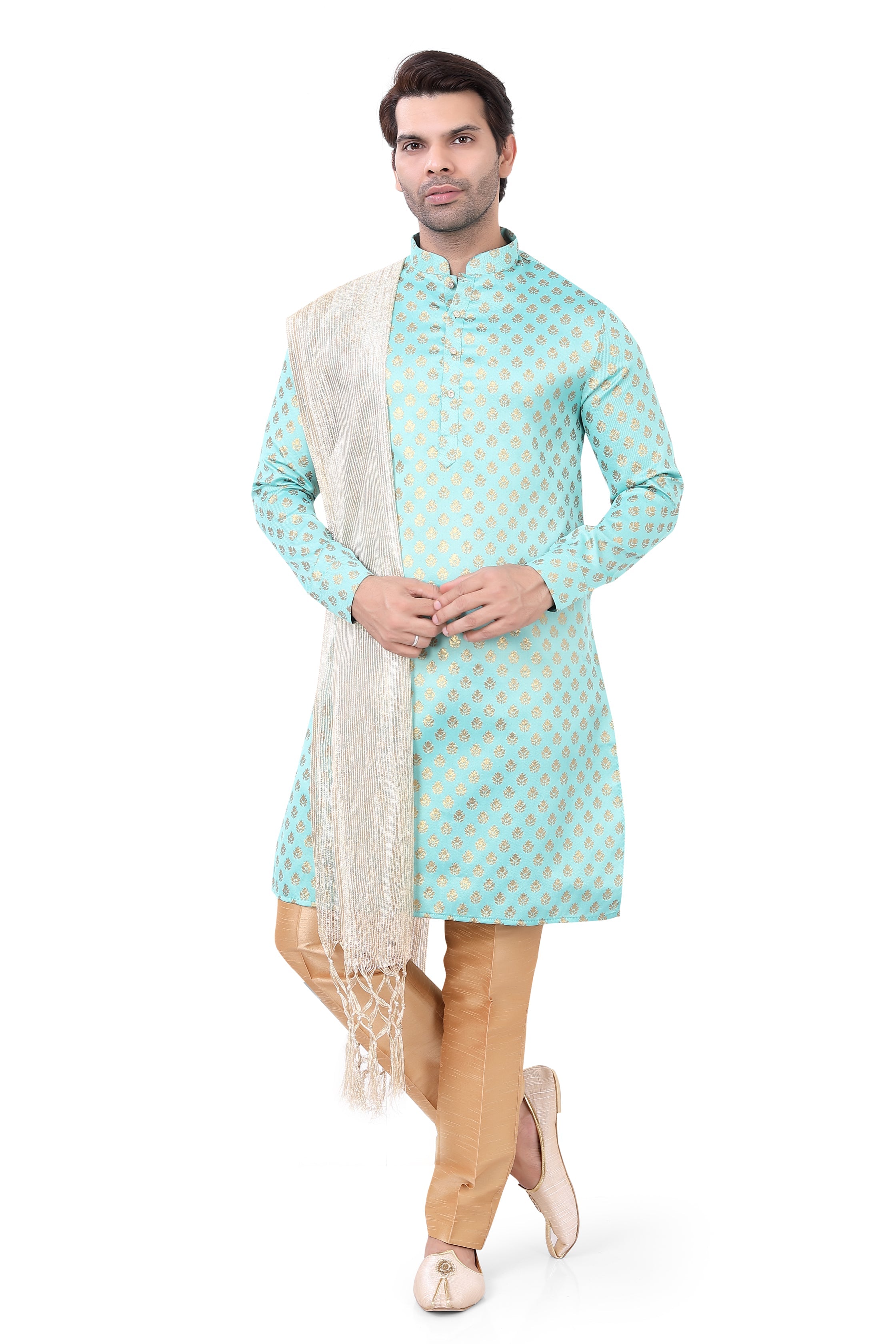 Brocade Silk Kurta Pajama with Free Scarf in sea green