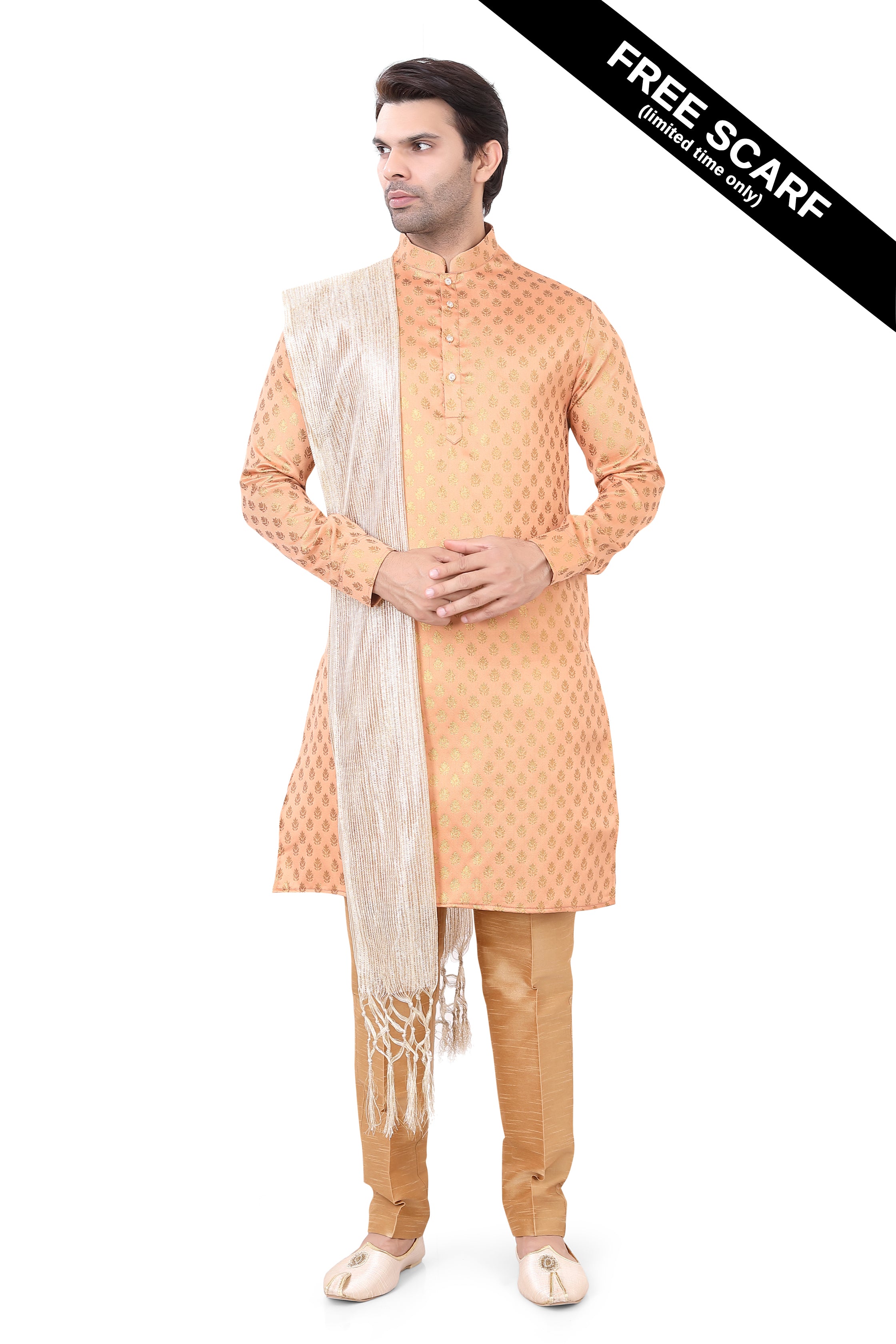 Peach Brocade Silk Kurta Pajama with Free Scarf - Premium kurta pajama from Dapper Ethnic - Just $75! Shop now at Dulhan Exclusives
