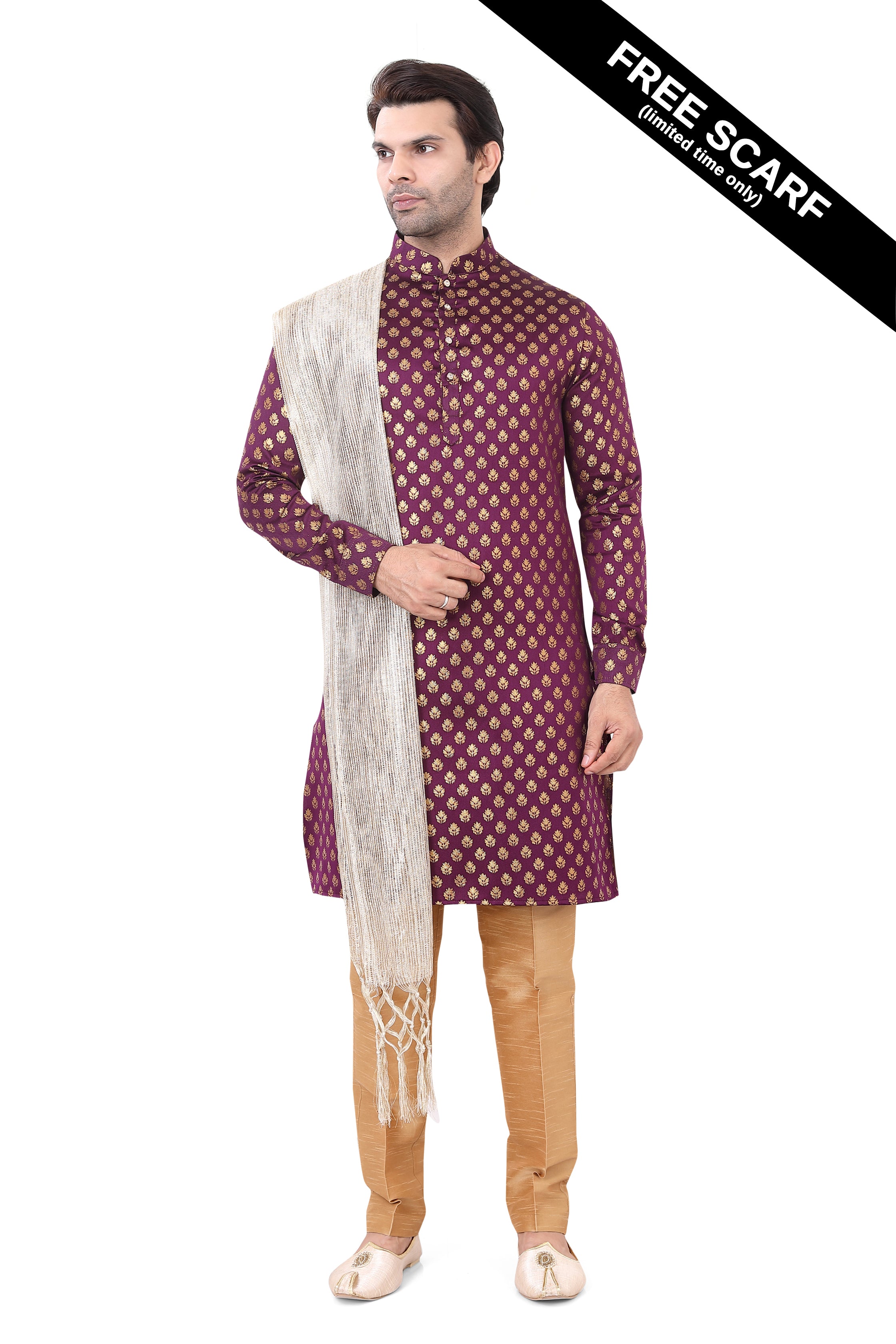 Wine Colour Brocade Silk Kurta Pajama with Free Scarf - Premium kurta pajama from Dapper Ethnic - Just $75! Shop now at Dulhan Exclusives