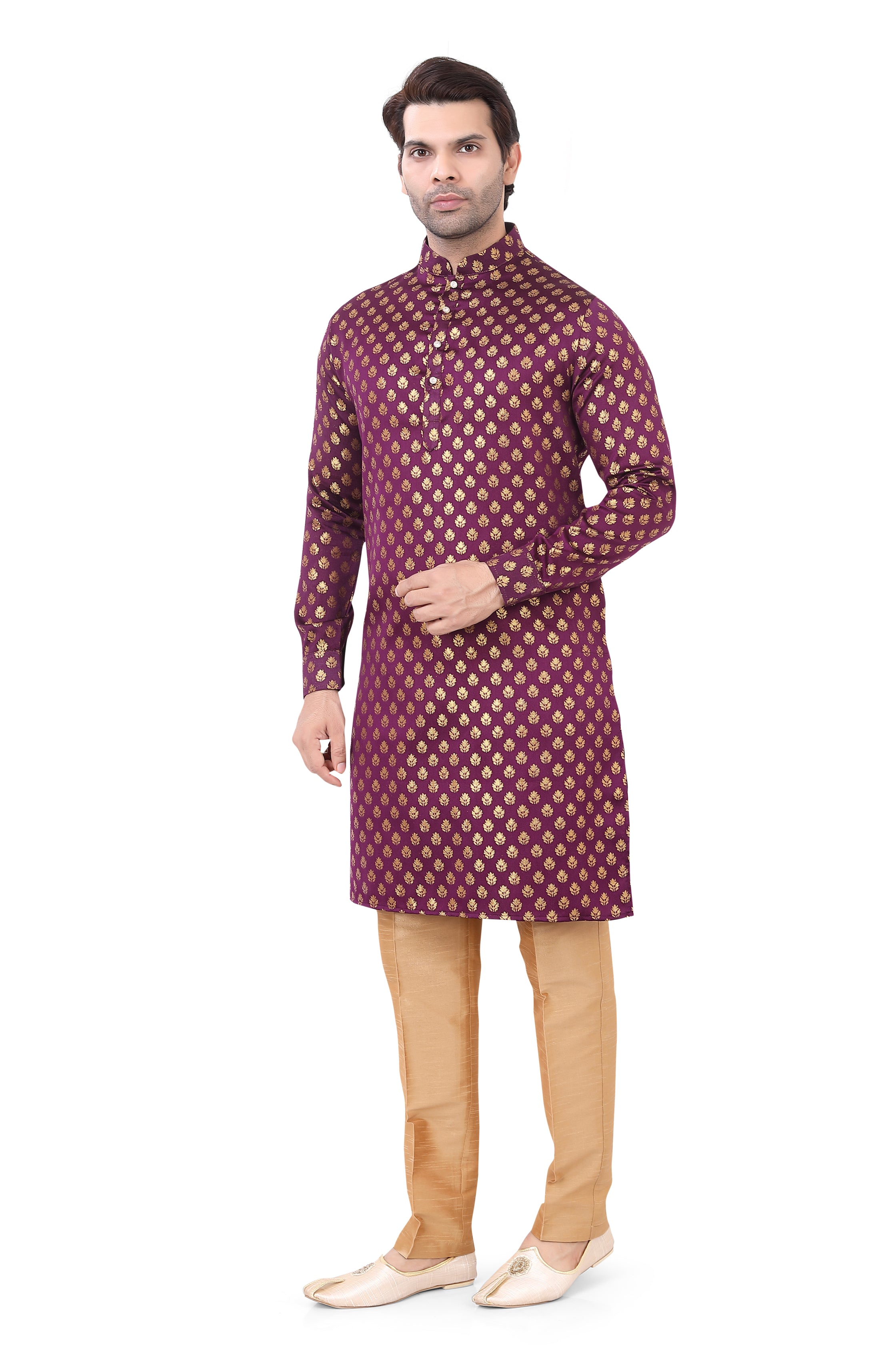 Wine Colour Brocade Silk Kurta Pajama with Free Scarf