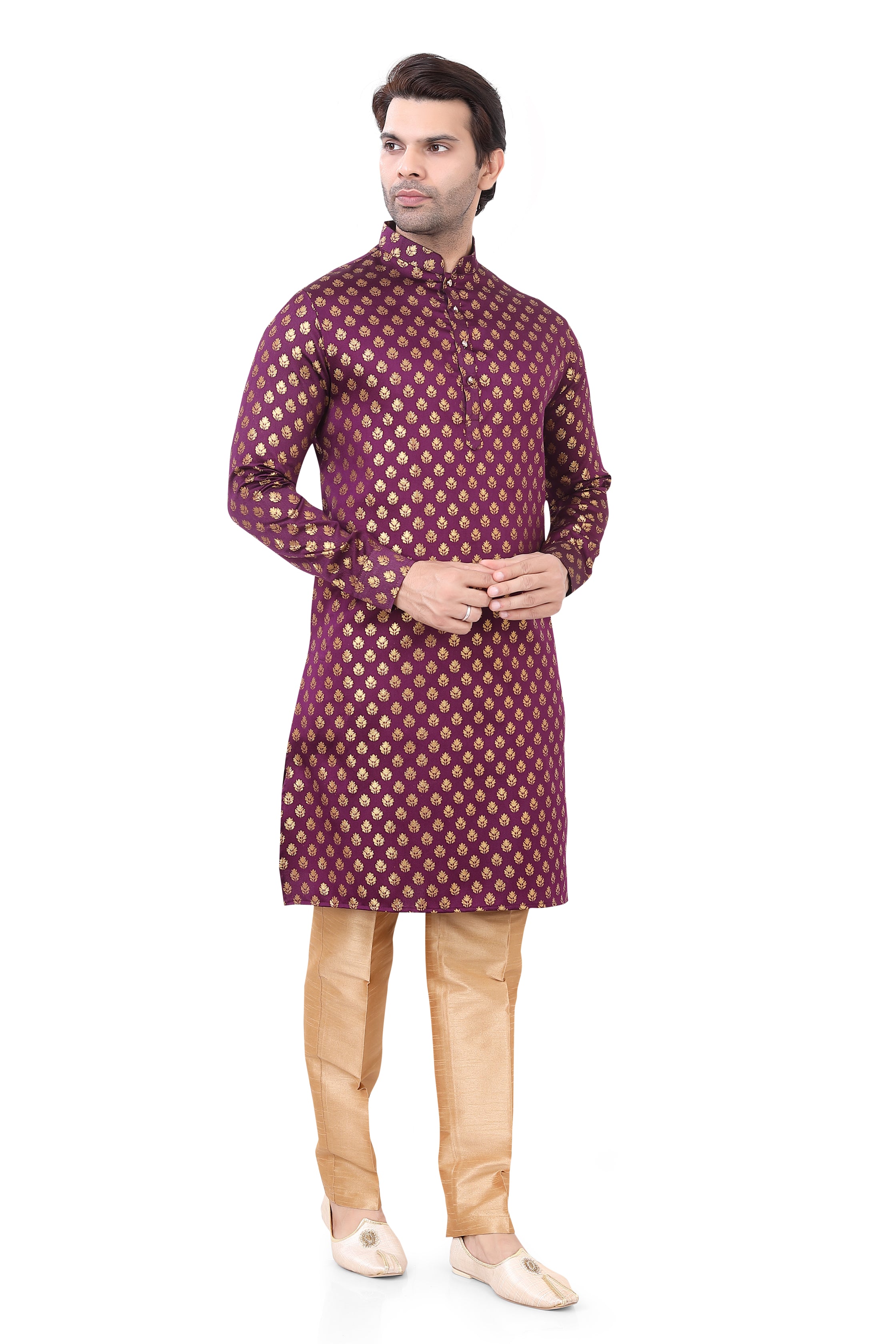 Wine Colour Brocade Silk Kurta Pajama with Free Scarf