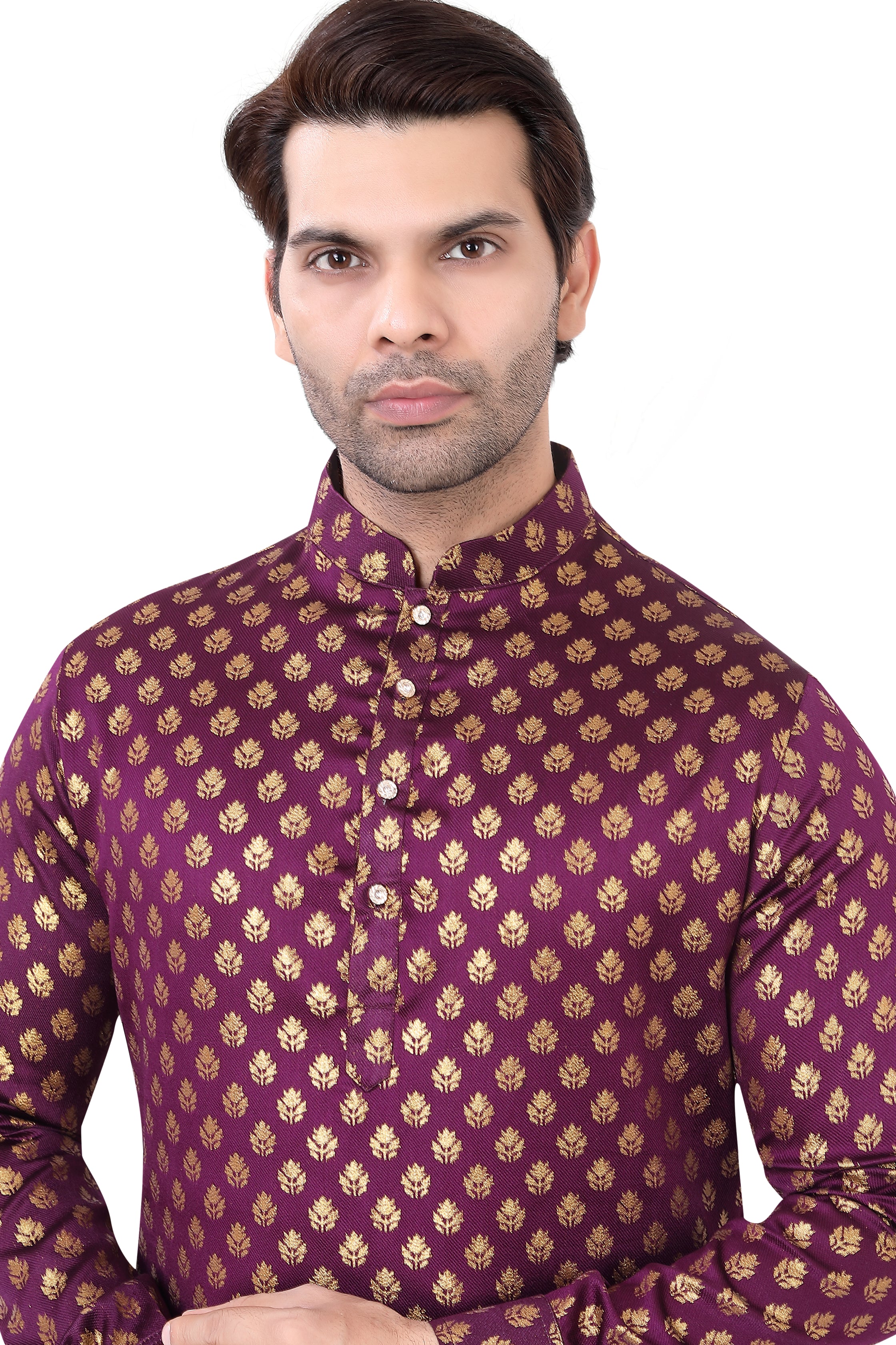 Wine Colour Brocade Silk Kurta Pajama with Free Scarf