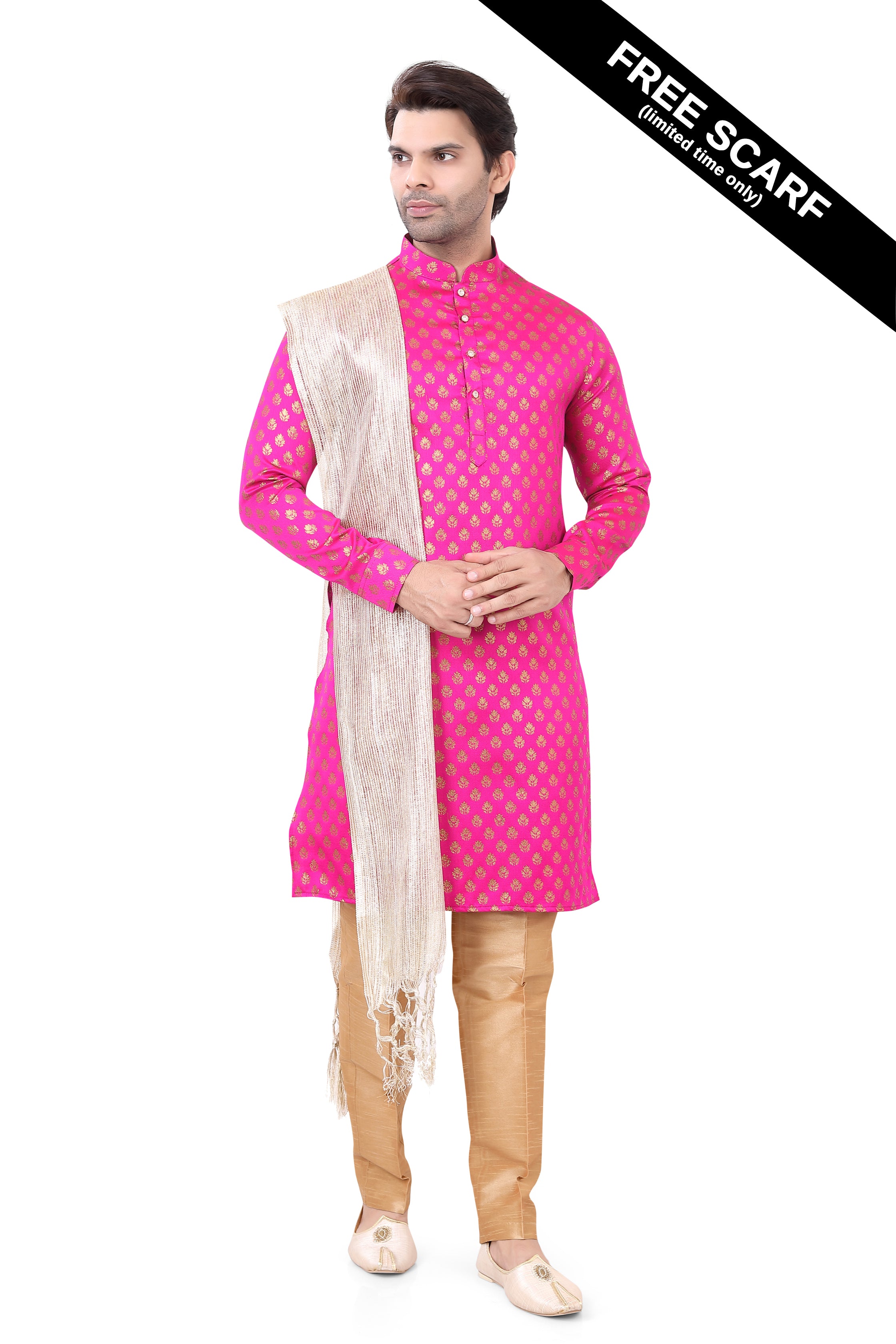 Hot Pink Brocade Silk Kurta Pajama with Free Scarf