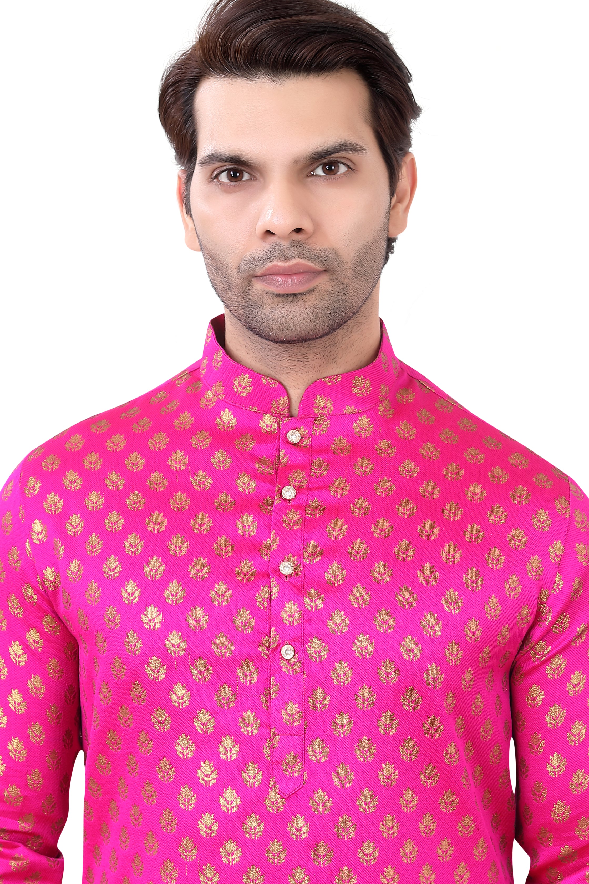Hot Pink Brocade Silk Kurta Pajama with Free Scarf