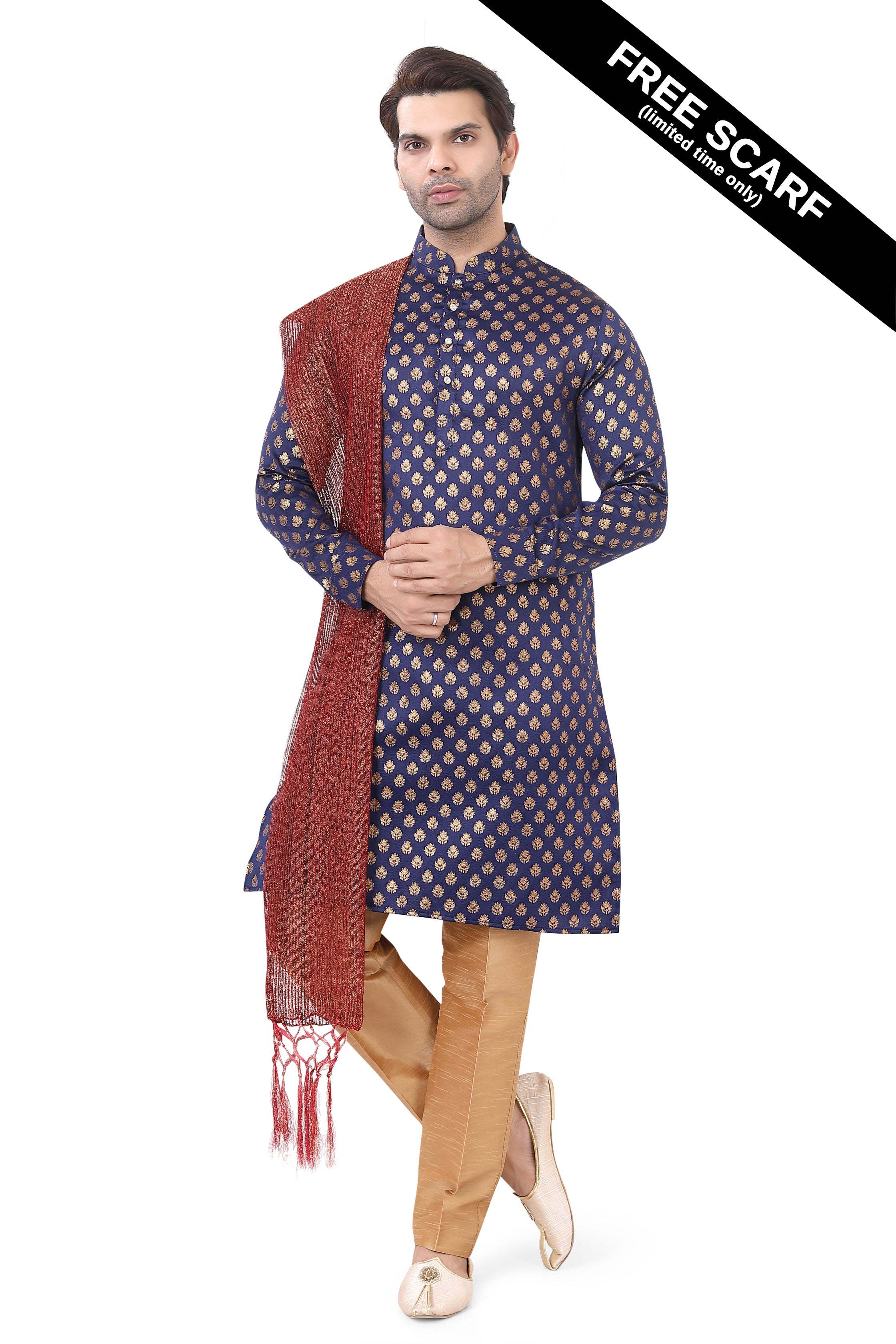 Navy Blue Brocade Silk Kurta Pajama with Free Scarf