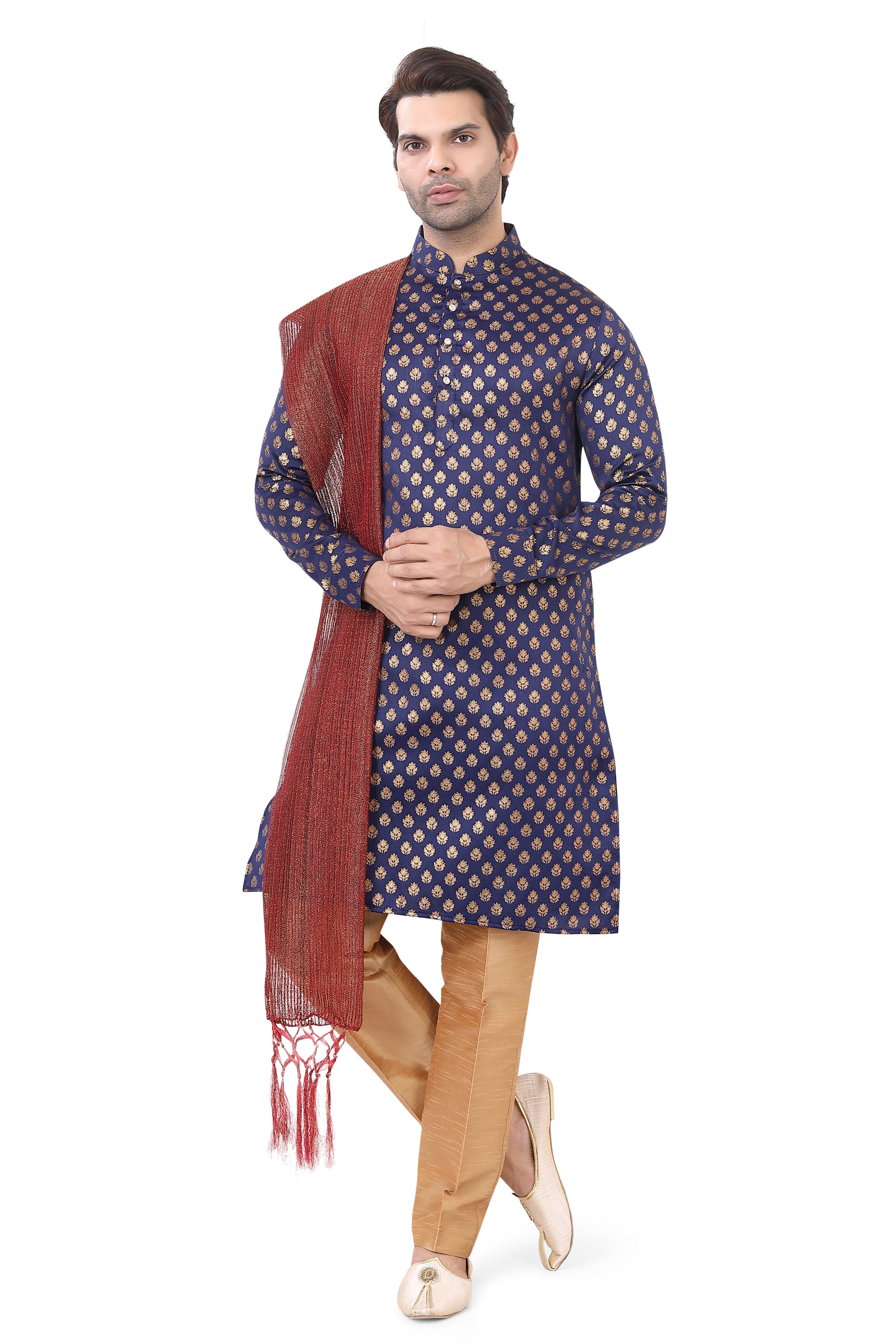 Navy Blue Brocade Silk Kurta Pajama with Free Scarf