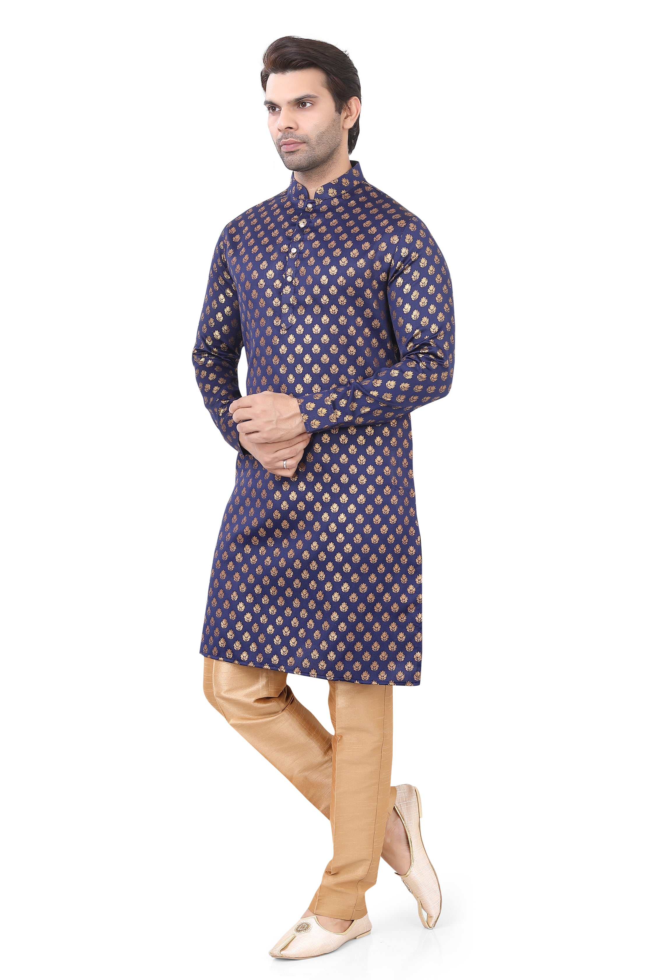 Navy Blue Brocade Silk Kurta Pajama with Free Scarf