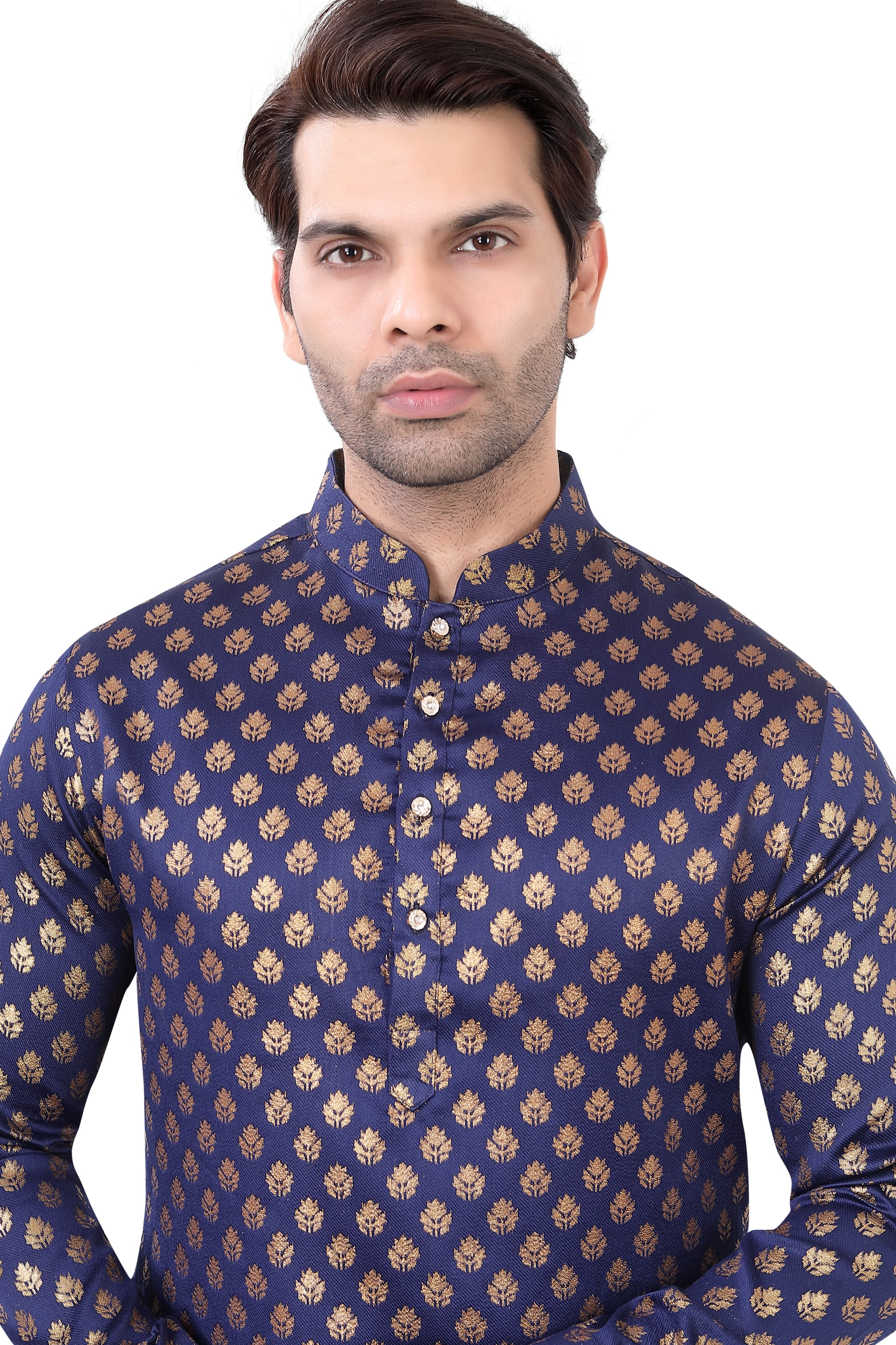 Navy Blue Brocade Silk Kurta Pajama with Free Scarf