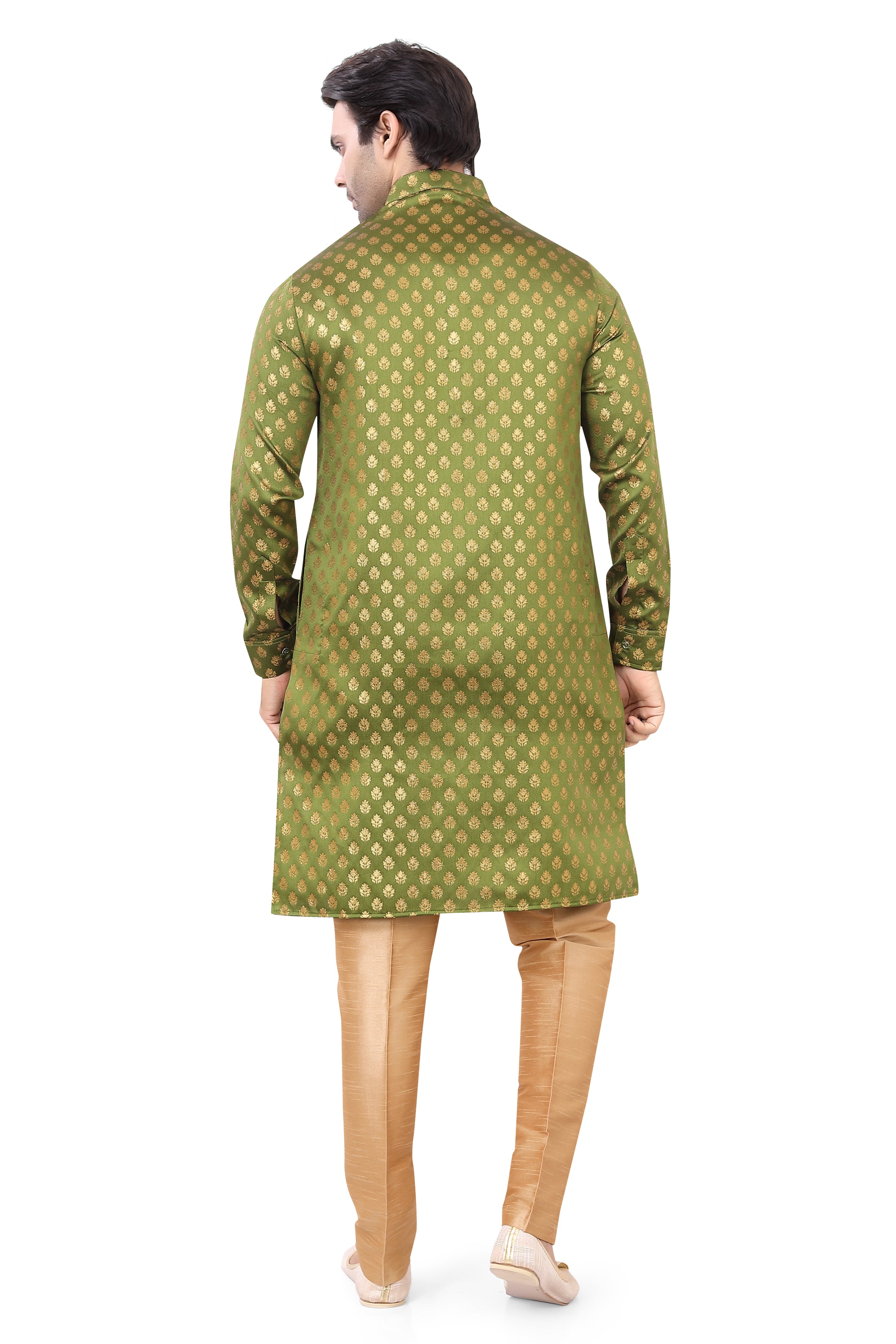 Olive Green Brocade Silk Kurta Pajama with Free Scarf