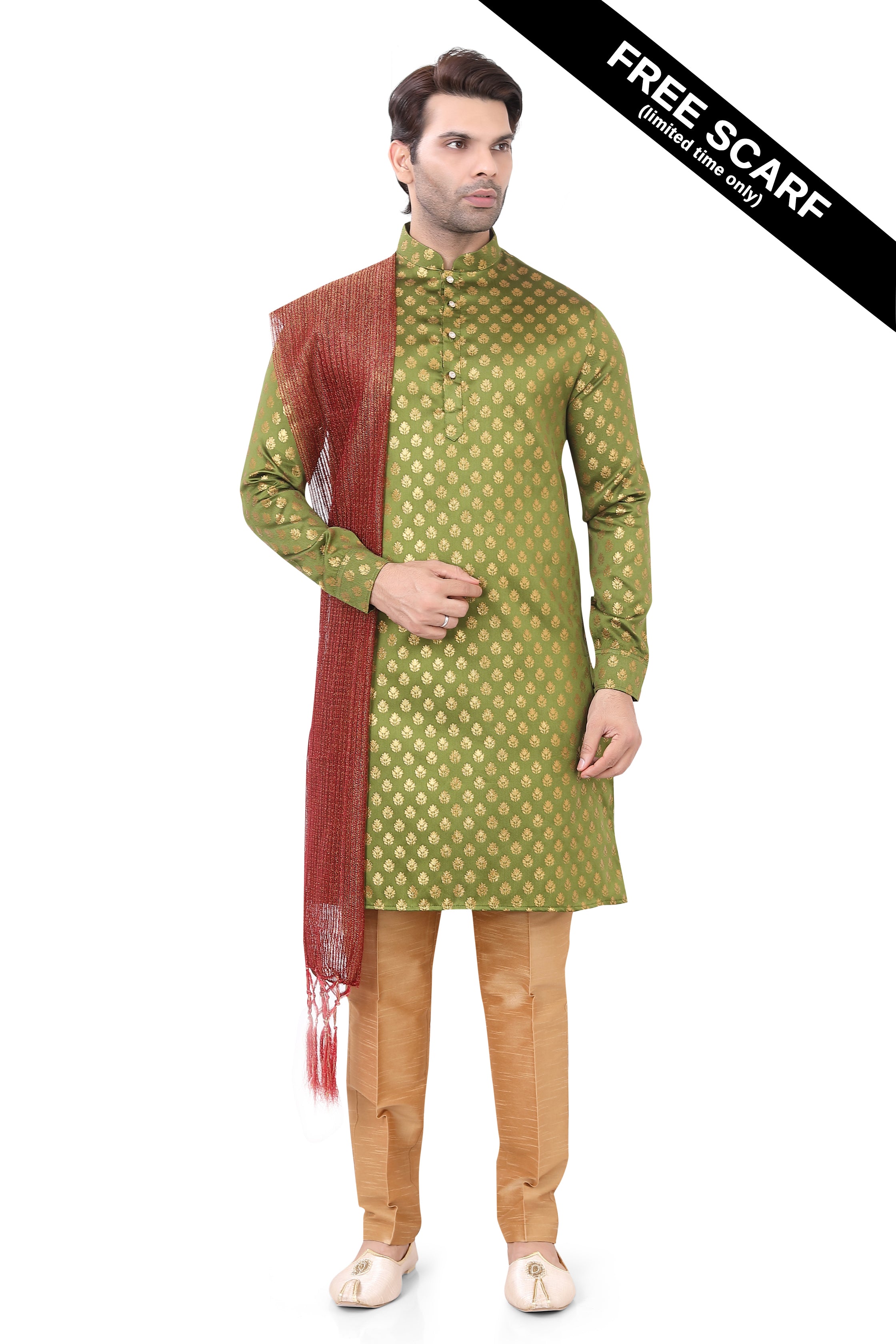 Olive Green Brocade Silk Kurta Pajama with Free Scarf