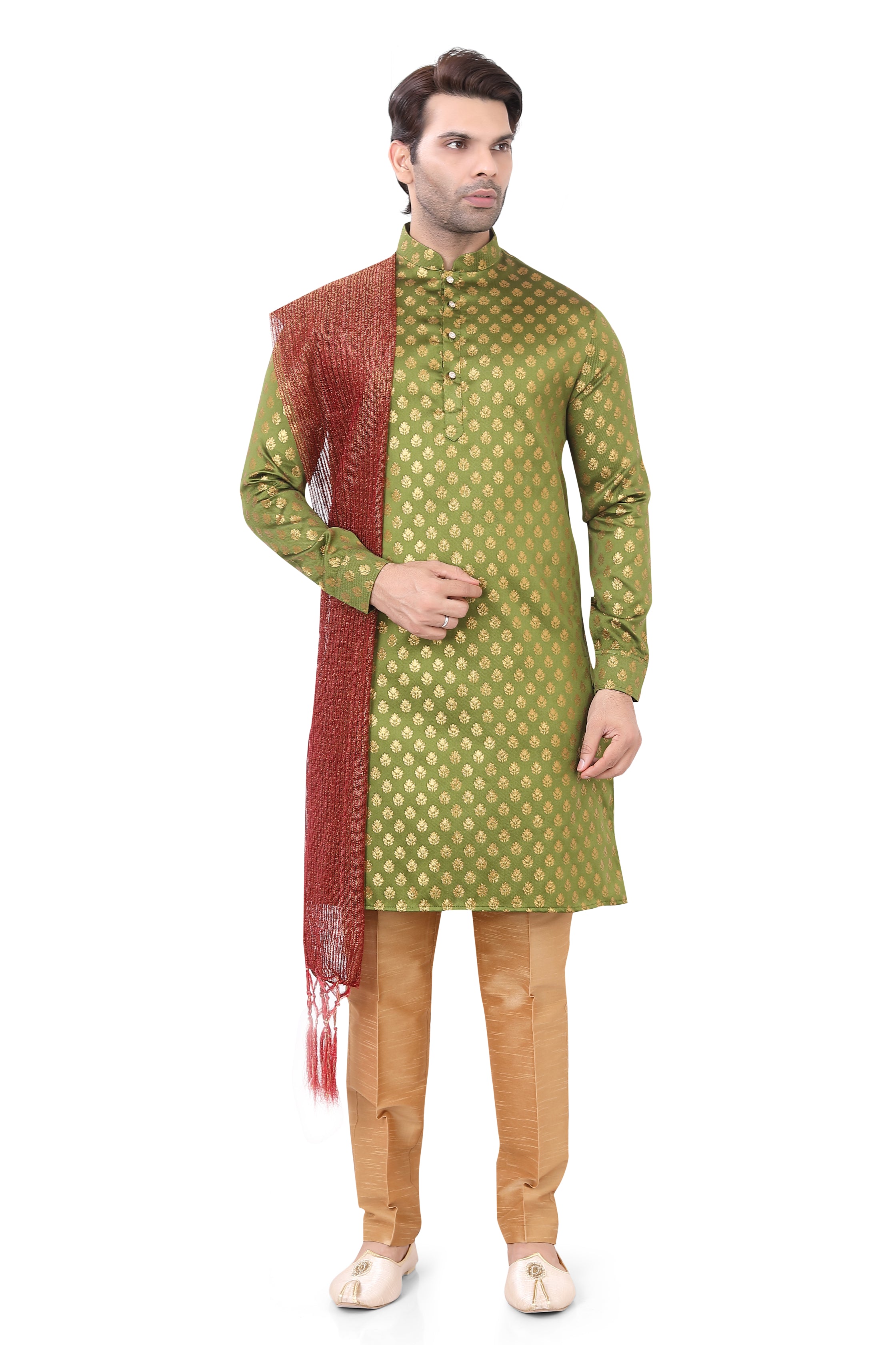 Olive Green Brocade Silk Kurta Pajama with Free Scarf