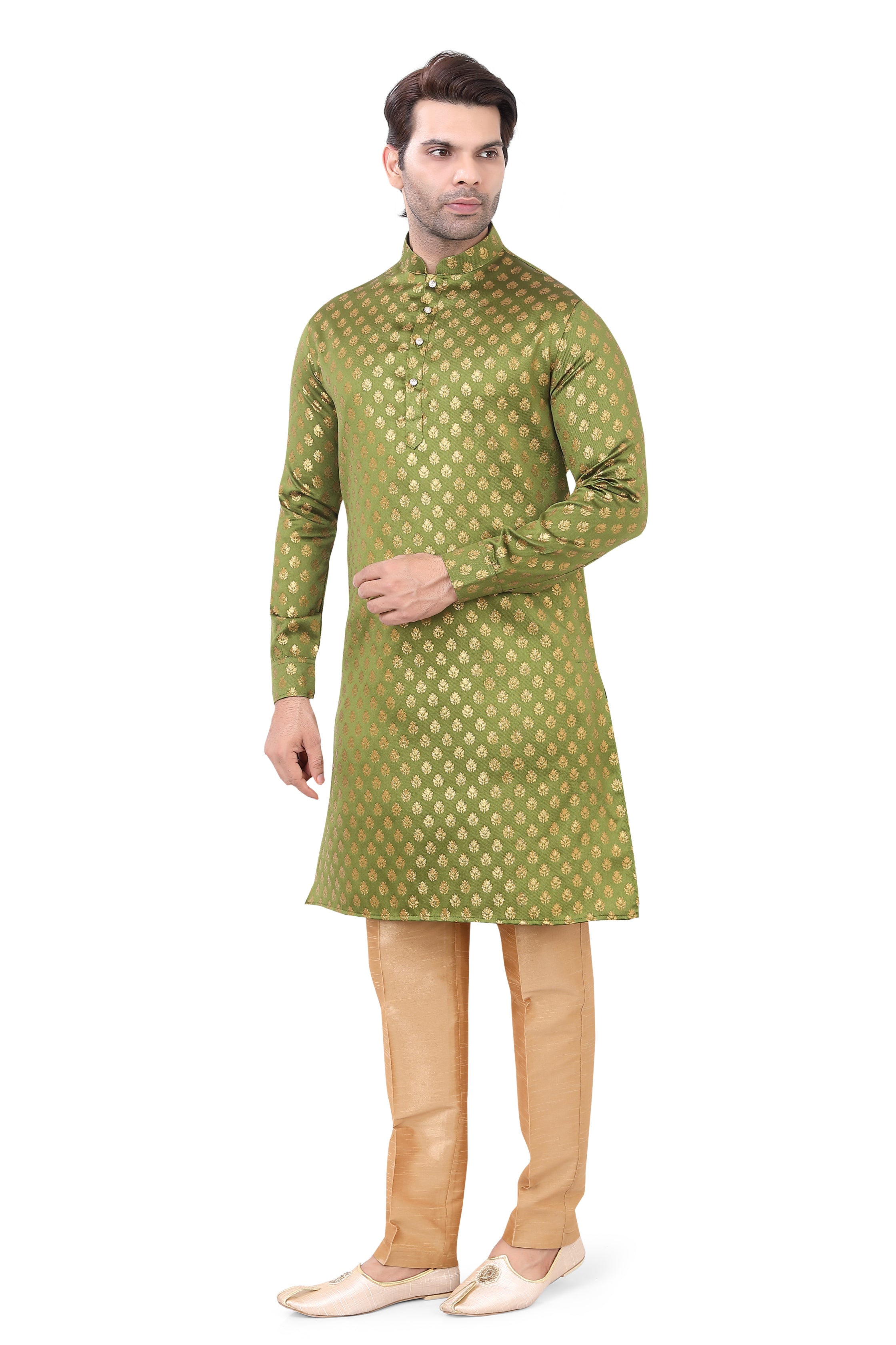 Olive Green Brocade Silk Kurta Pajama with Free Scarf