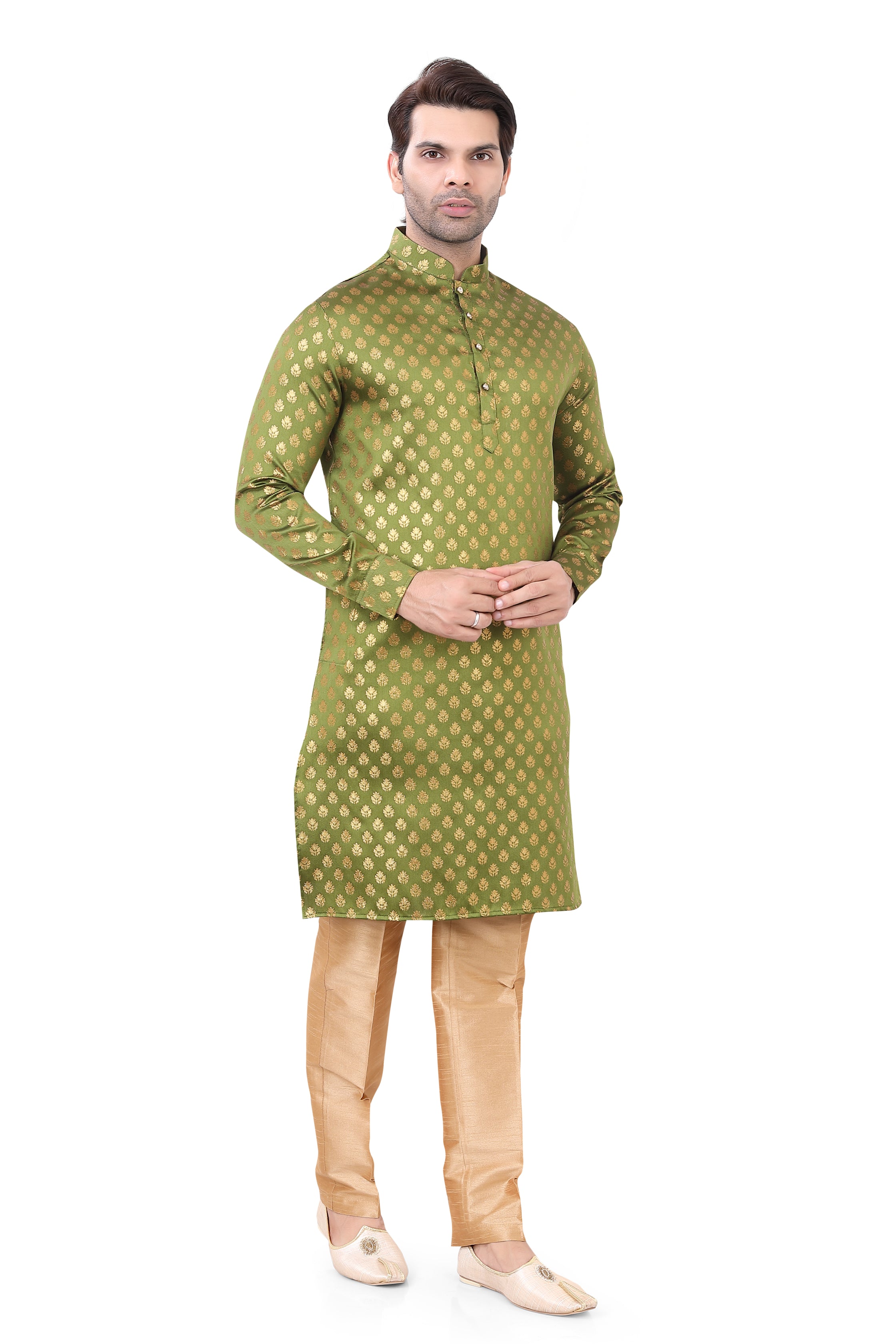 Olive Green Brocade Silk Kurta Pajama with Free Scarf