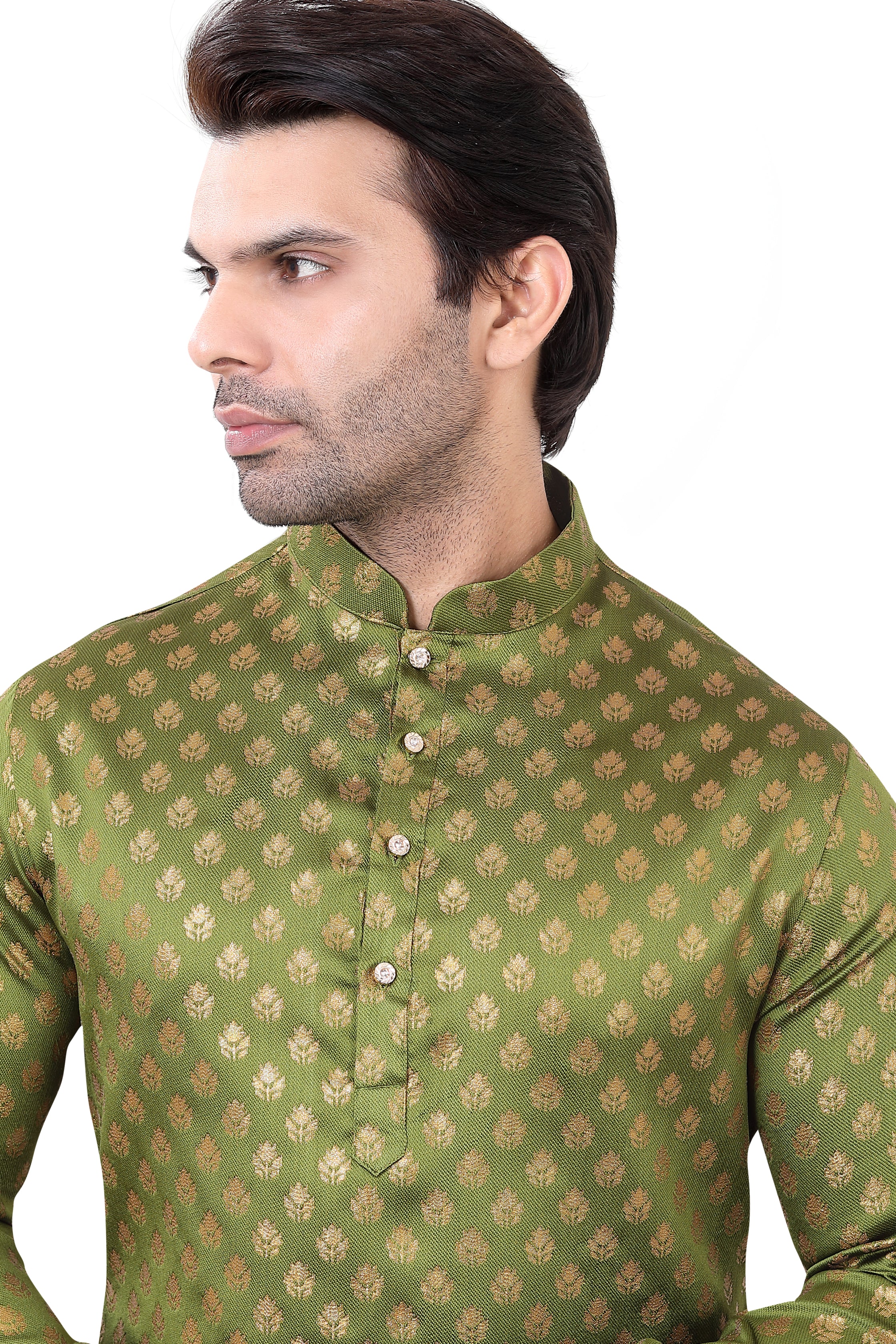 Olive Green Brocade Silk Kurta Pajama with Free Scarf