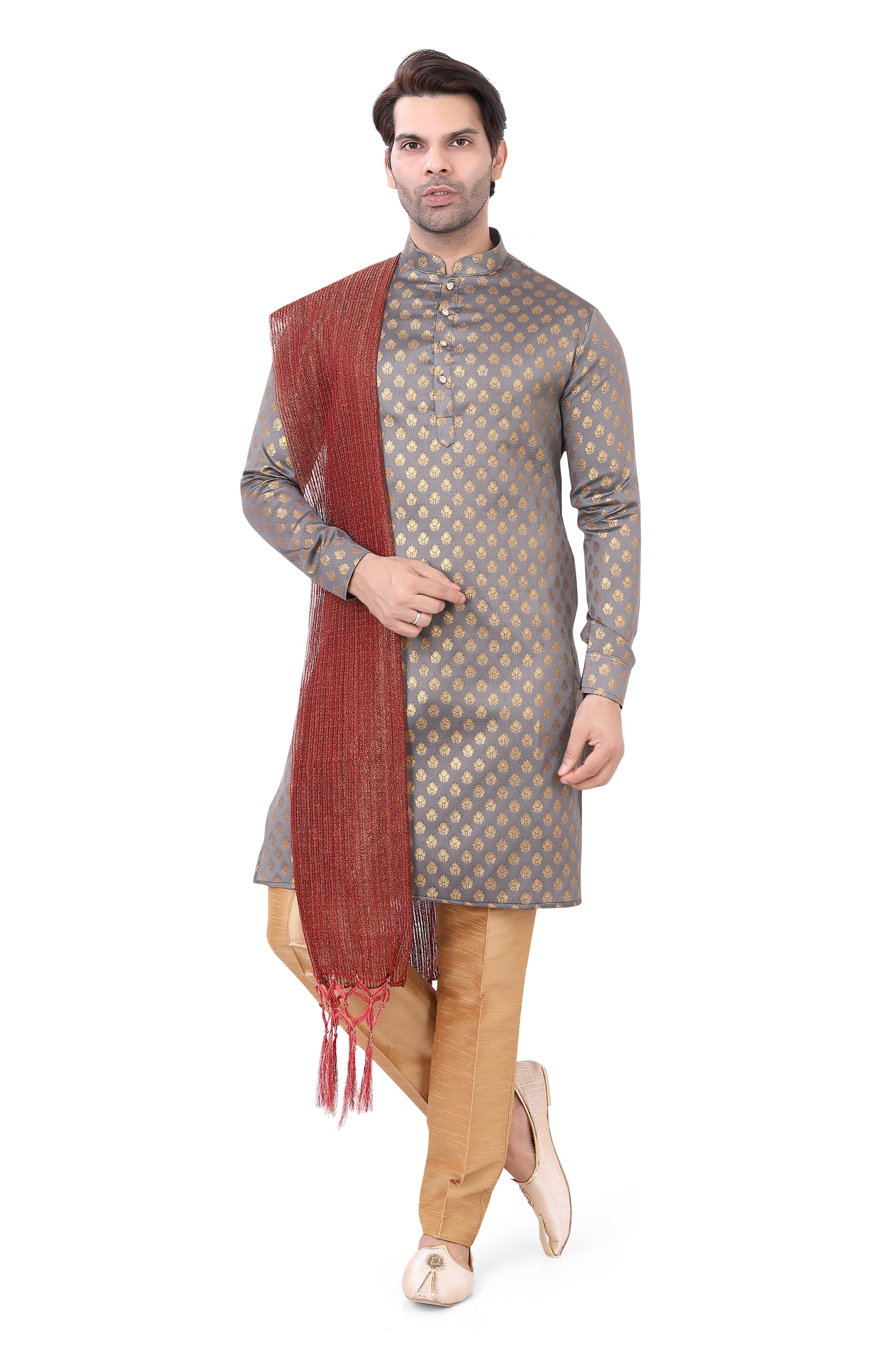 Grey Brocade Silk Kurta Pajama with Free Scarf