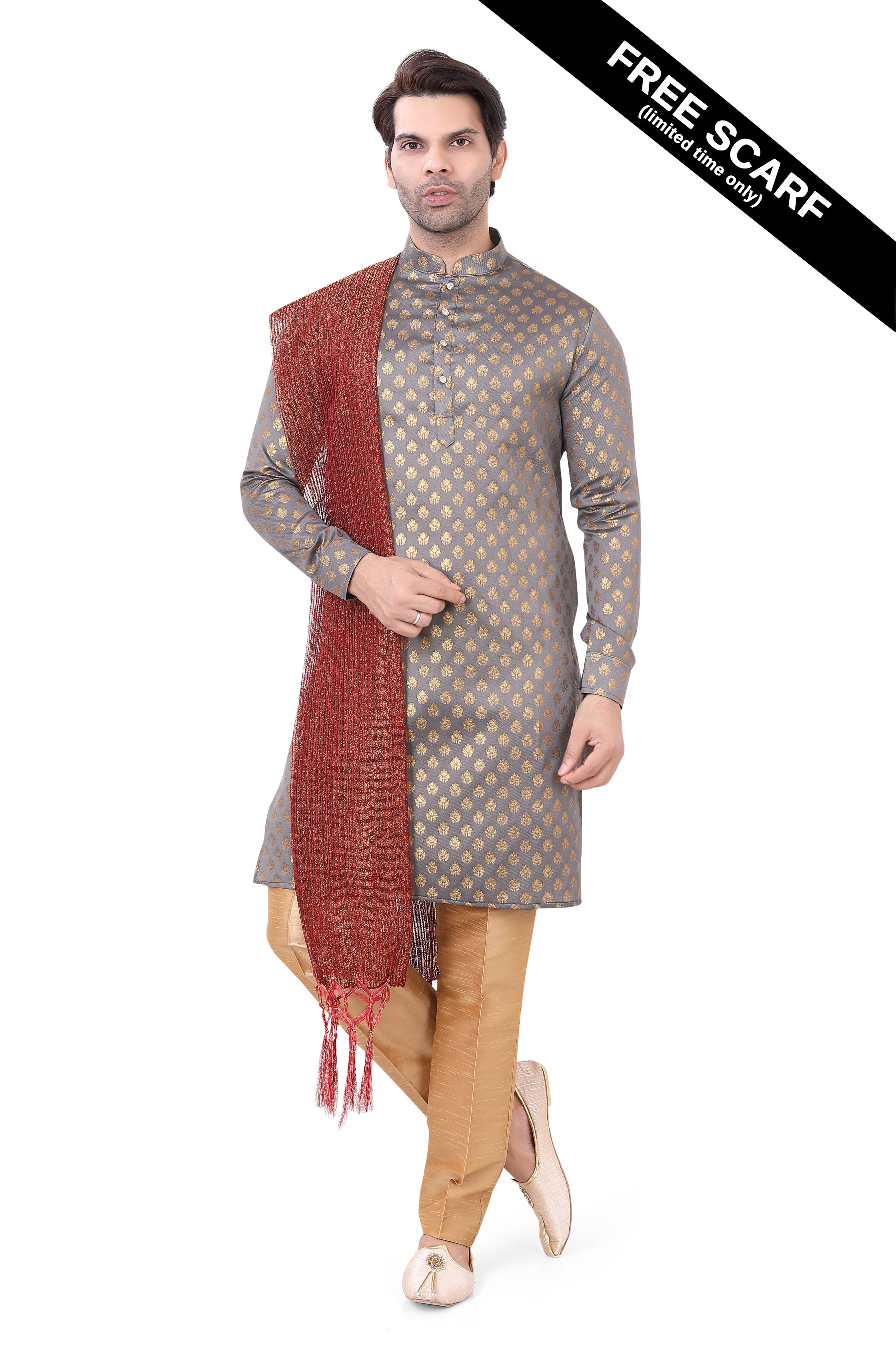 Grey Brocade Silk Kurta Pajama with Free Scarf