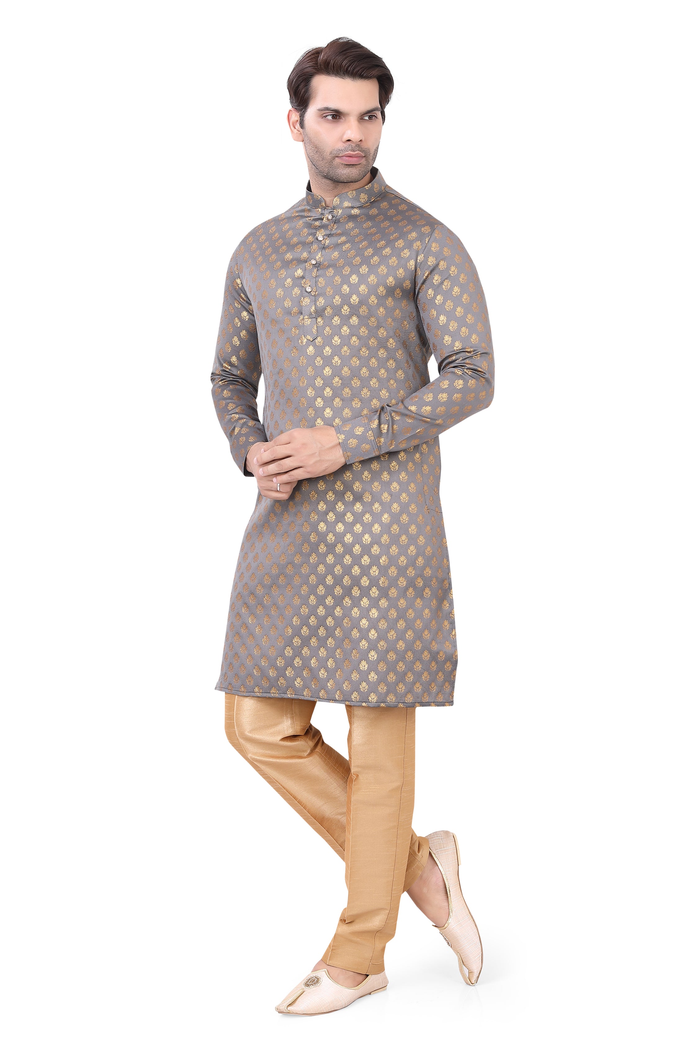 Grey Brocade Silk Kurta Pajama with Free Scarf