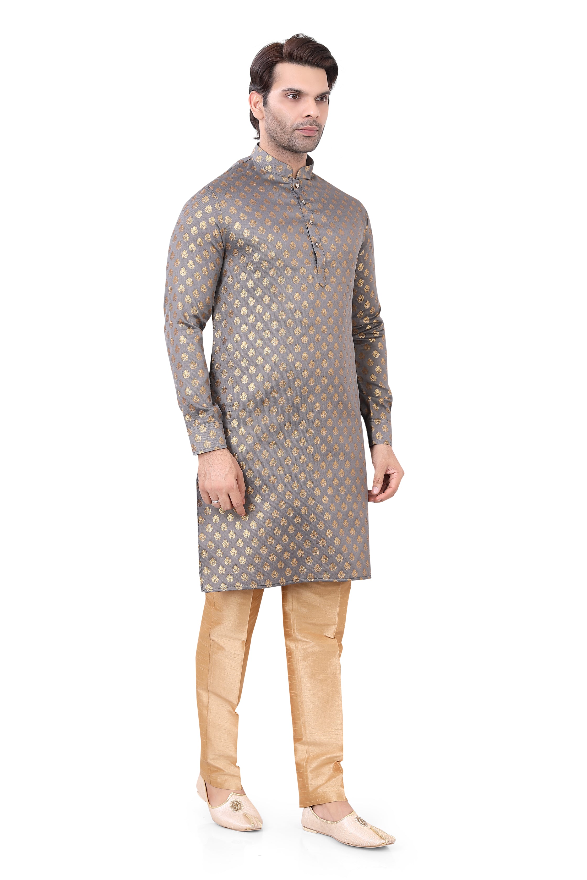 Grey Brocade Silk Kurta Pajama with Free Scarf