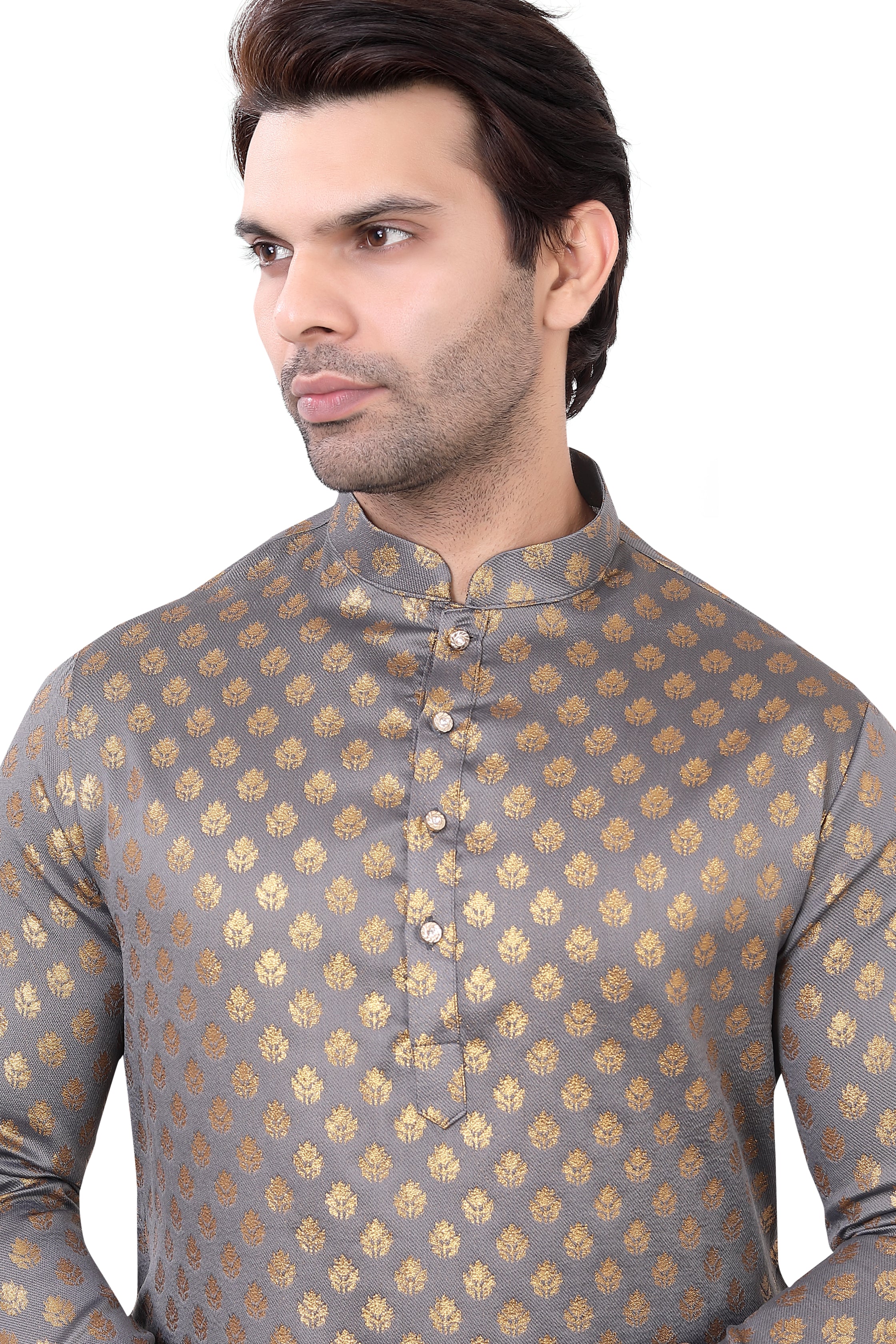 Grey Brocade Silk Kurta Pajama with Free Scarf