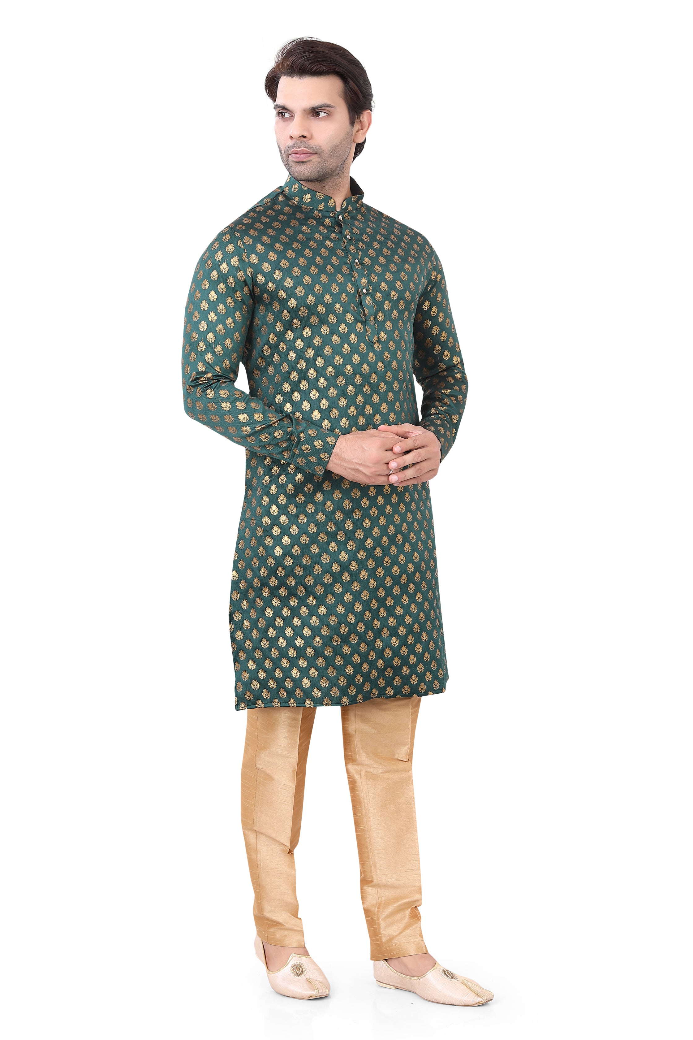 Bottle Green Brocade Silk Kurta Pajama with Free Scarf