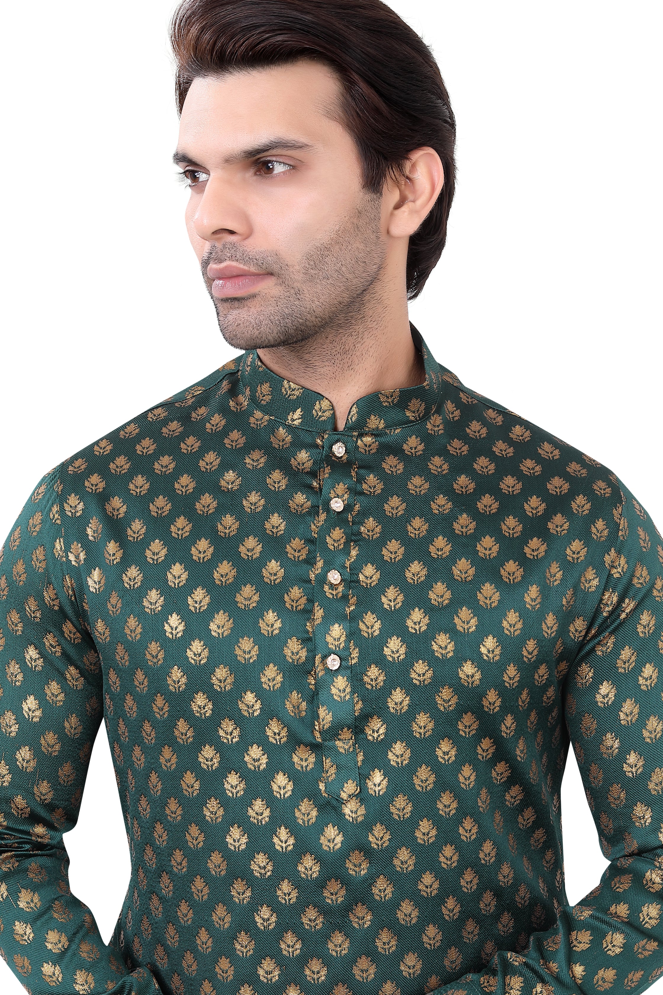 Bottle Green Brocade Silk Kurta Pajama with Free Scarf