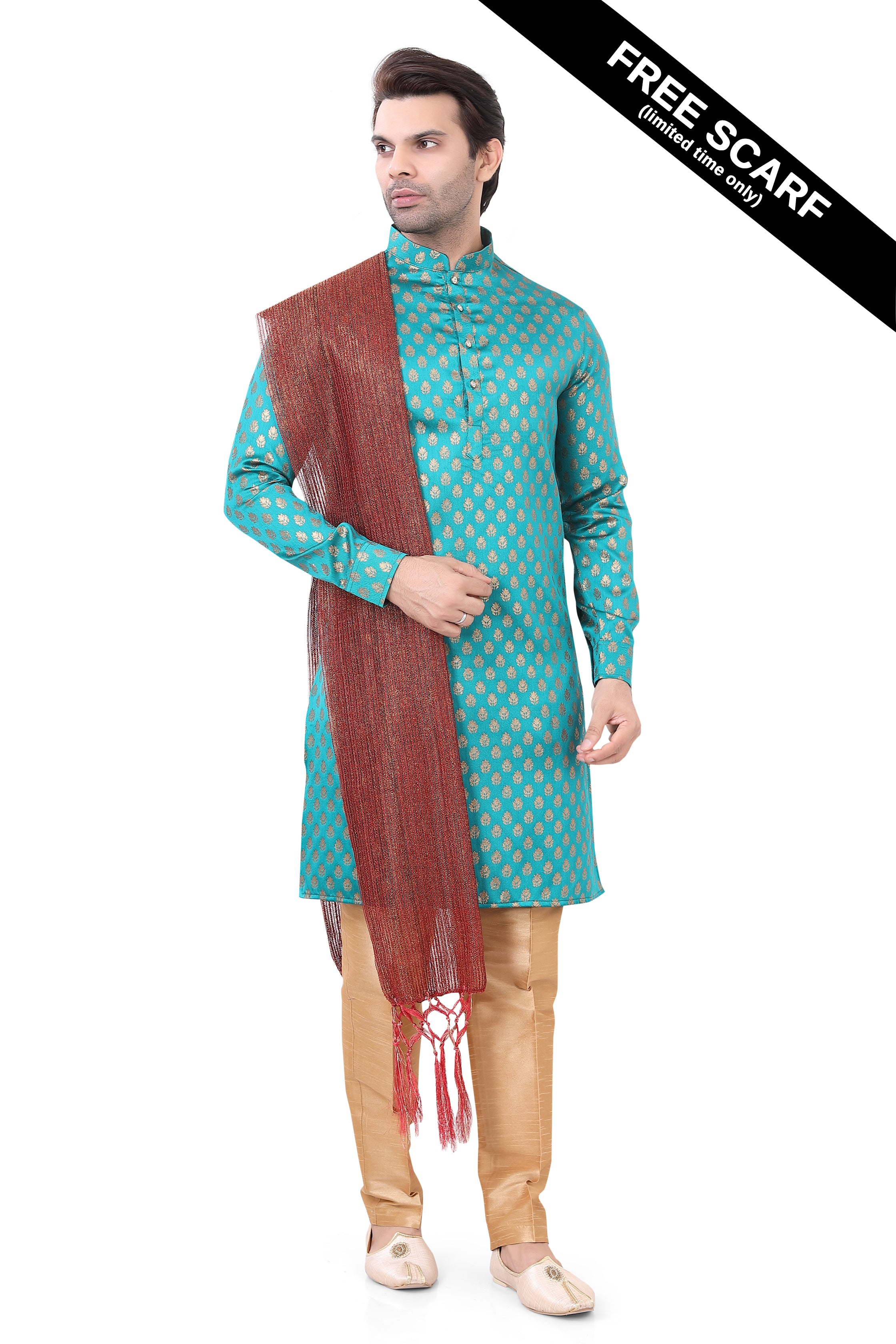 Teal Brocade Silk Kurta Pajama with Free Scarf - Premium kurta pajama from Dapper Ethnic - Just $75! Shop now at Dulhan Exclusives