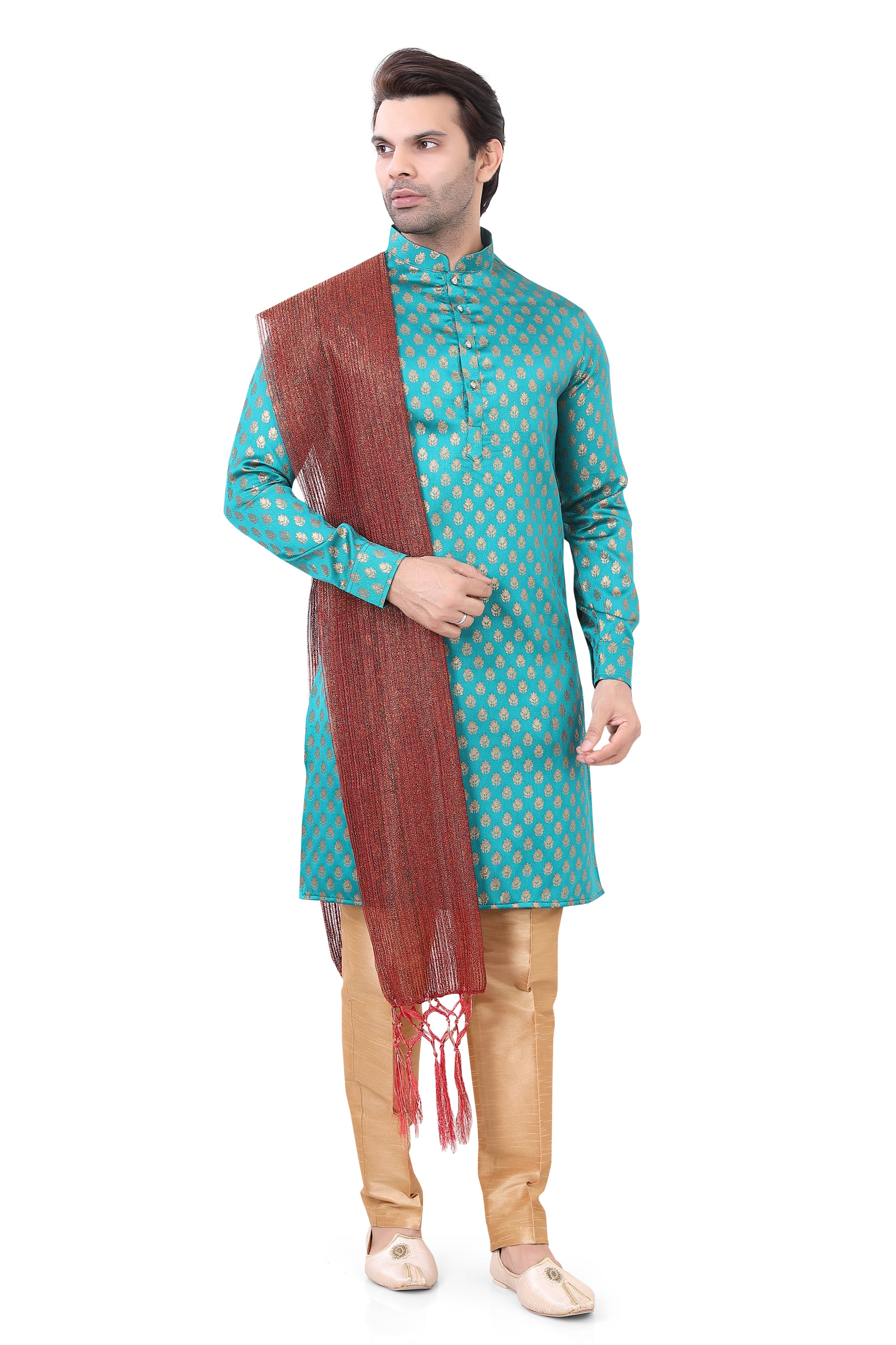 Teal Brocade Silk Kurta Pajama with Free Scarf