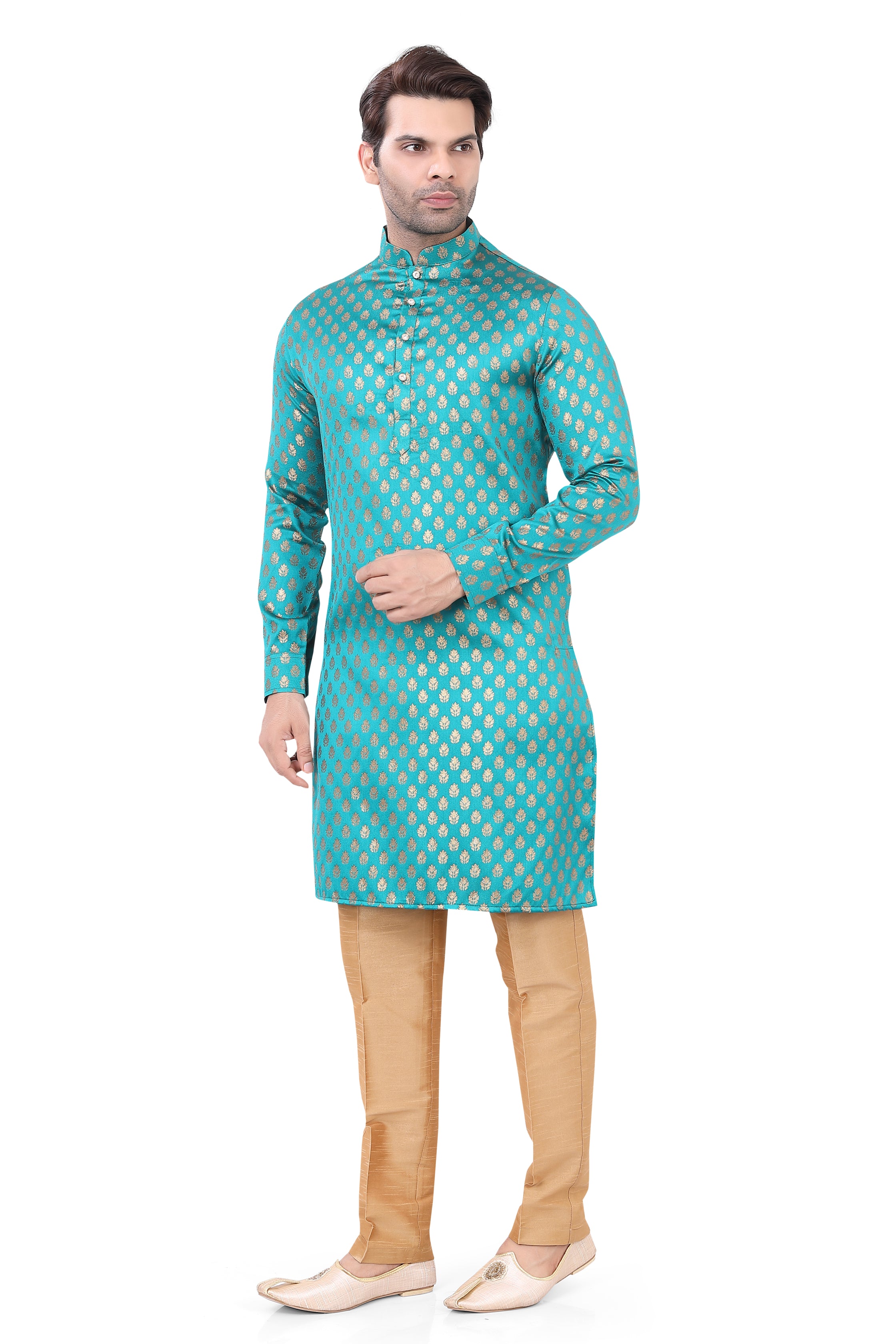 Teal Brocade Silk Kurta Pajama with Free Scarf