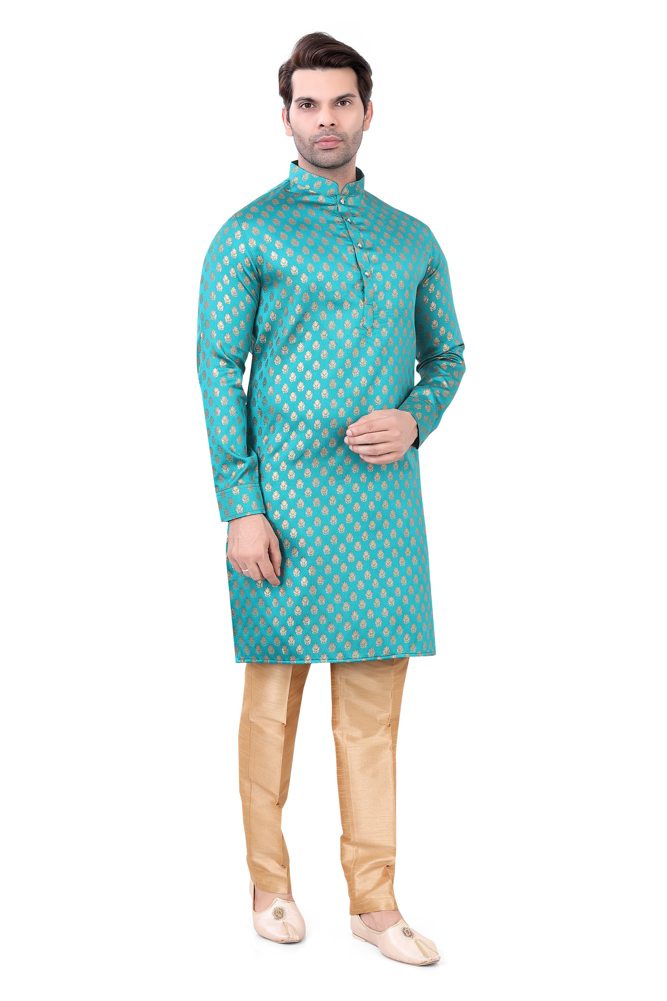 Teal Brocade Silk Kurta Pajama with Free Scarf - Premium kurta pajama from Dapper Ethnic - Just $75! Shop now at Dulhan Exclusives