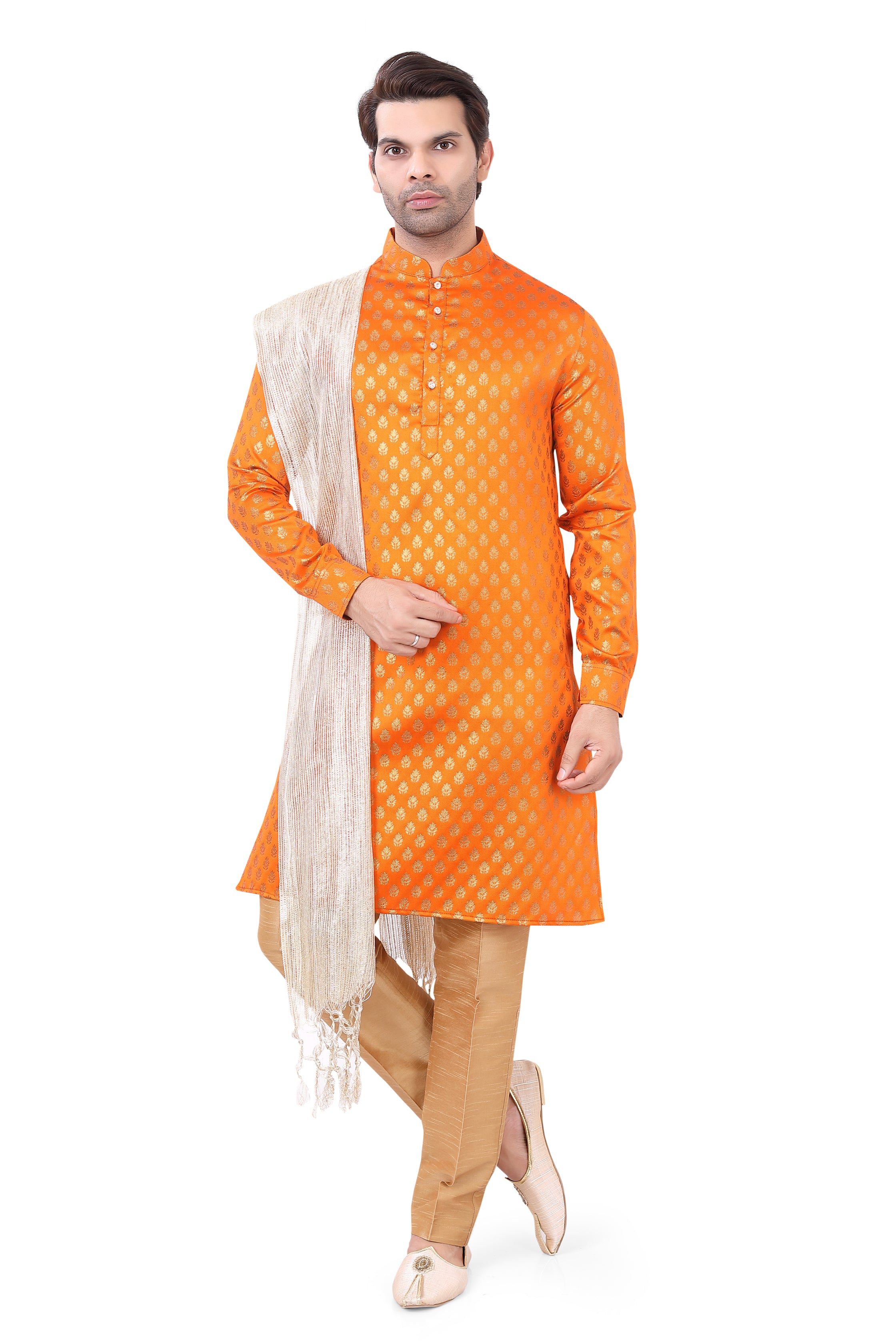 Orange Brocade Silk Kurta Pajama with Free Scarf - Premium kurta pajama from Dapper Ethnic - Just $75! Shop now at Dulhan Exclusives