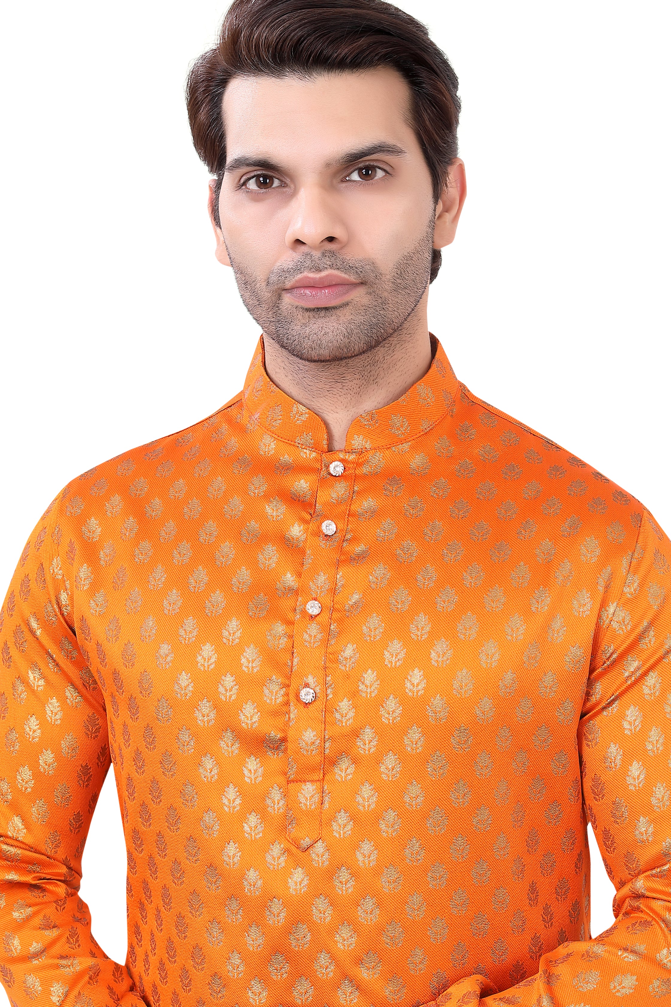 Orange Brocade Silk Kurta Pajama with Free Scarf