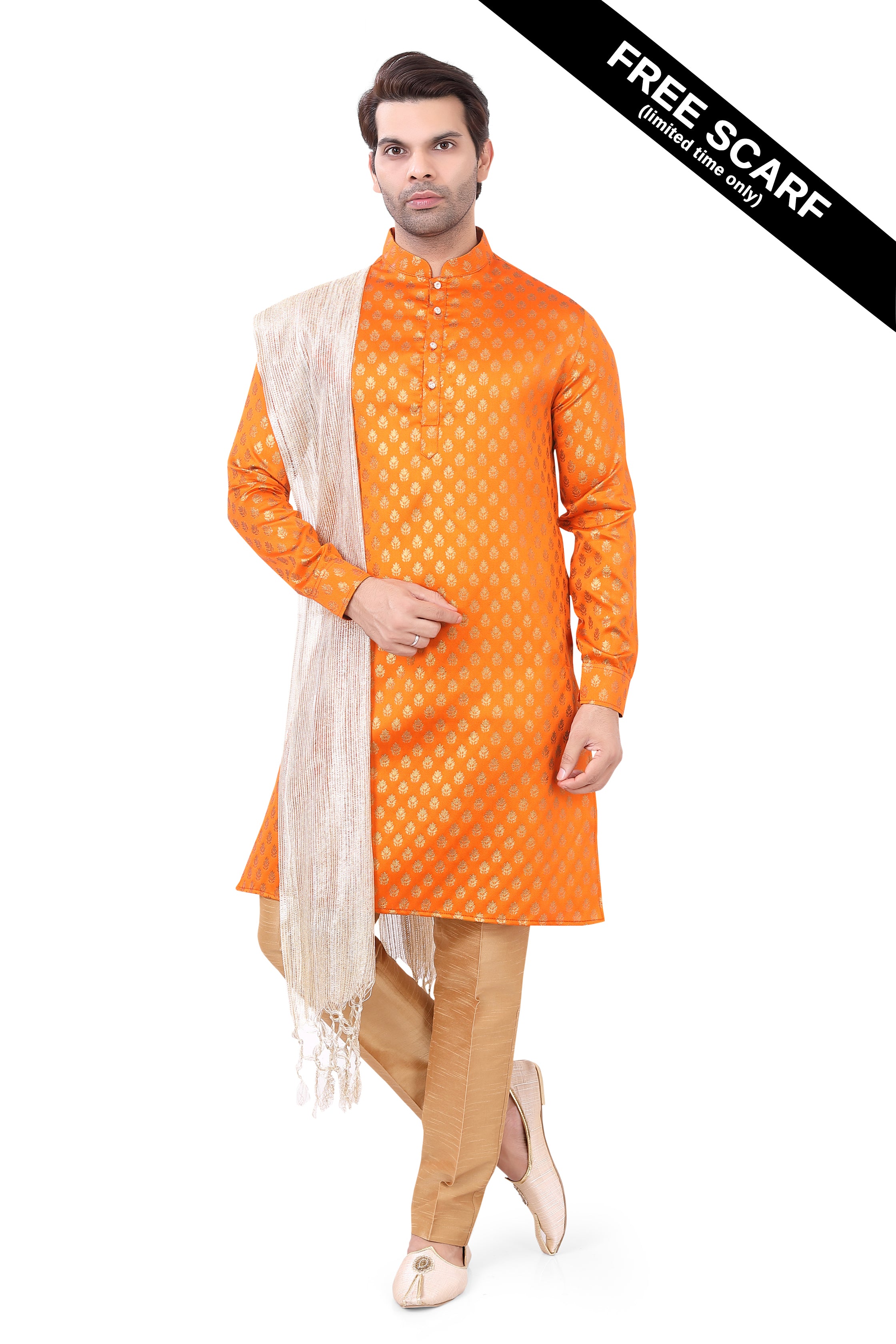 Orange Brocade Silk Kurta Pajama with Free Scarf - Premium kurta pajama from Dapper Ethnic - Just $75! Shop now at Dulhan Exclusives