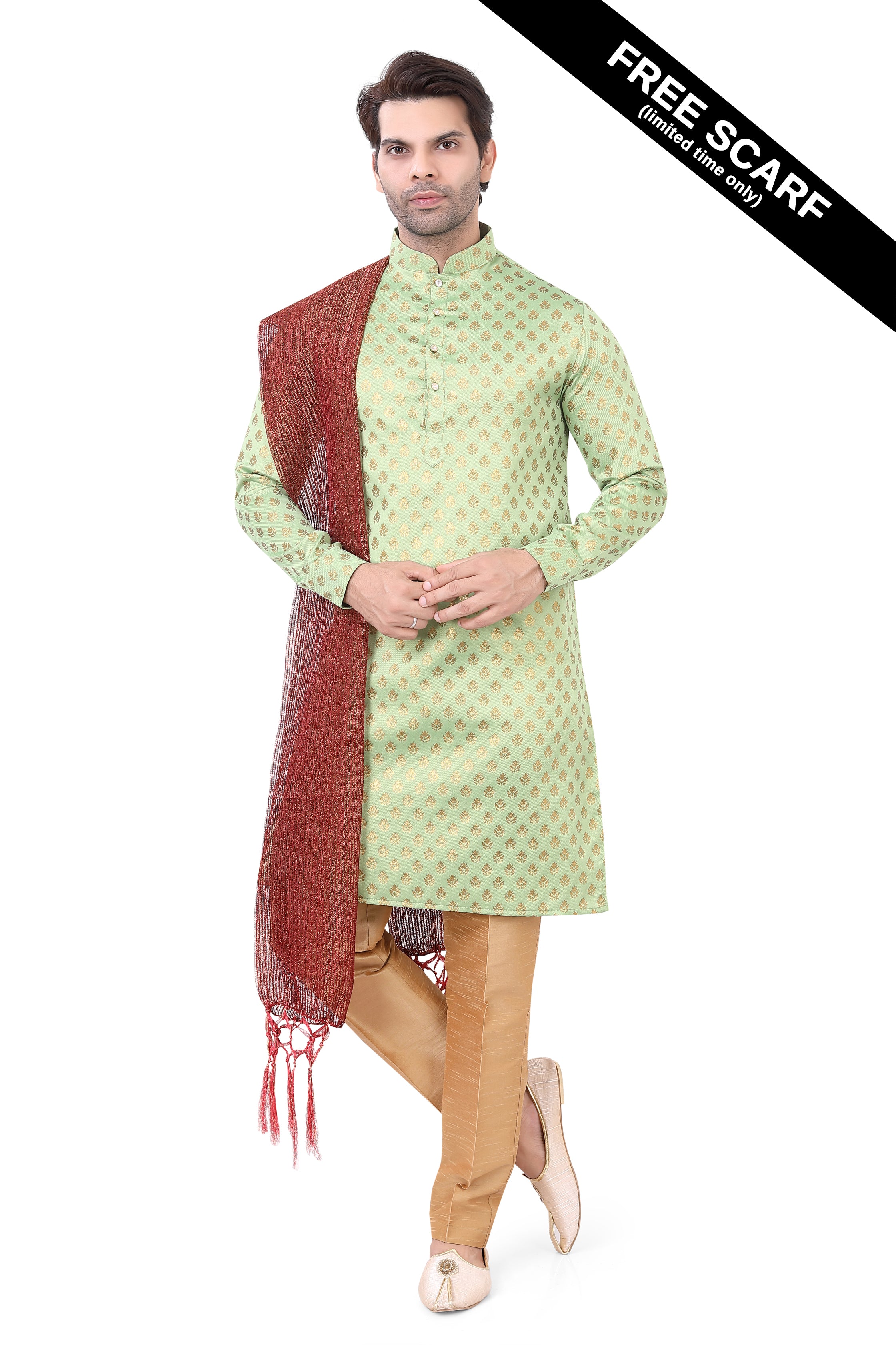Mint Green Brocade Silk Kurta Pajama with Free Scarf - Premium kurta pajama from Dapper Ethnic - Just $75! Shop now at Dulhan Exclusives