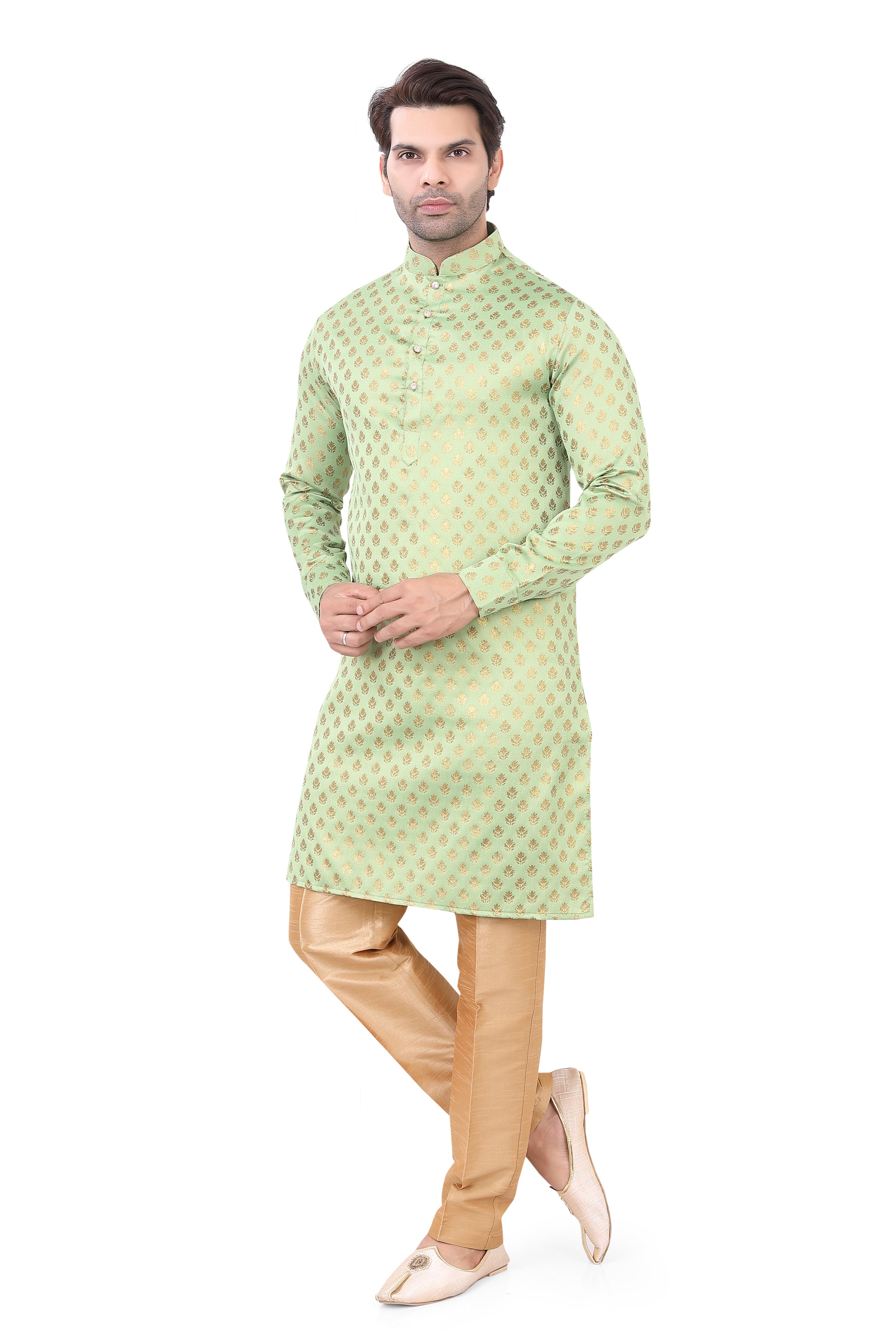 Mint Green Brocade Silk Kurta Pajama with Free Scarf