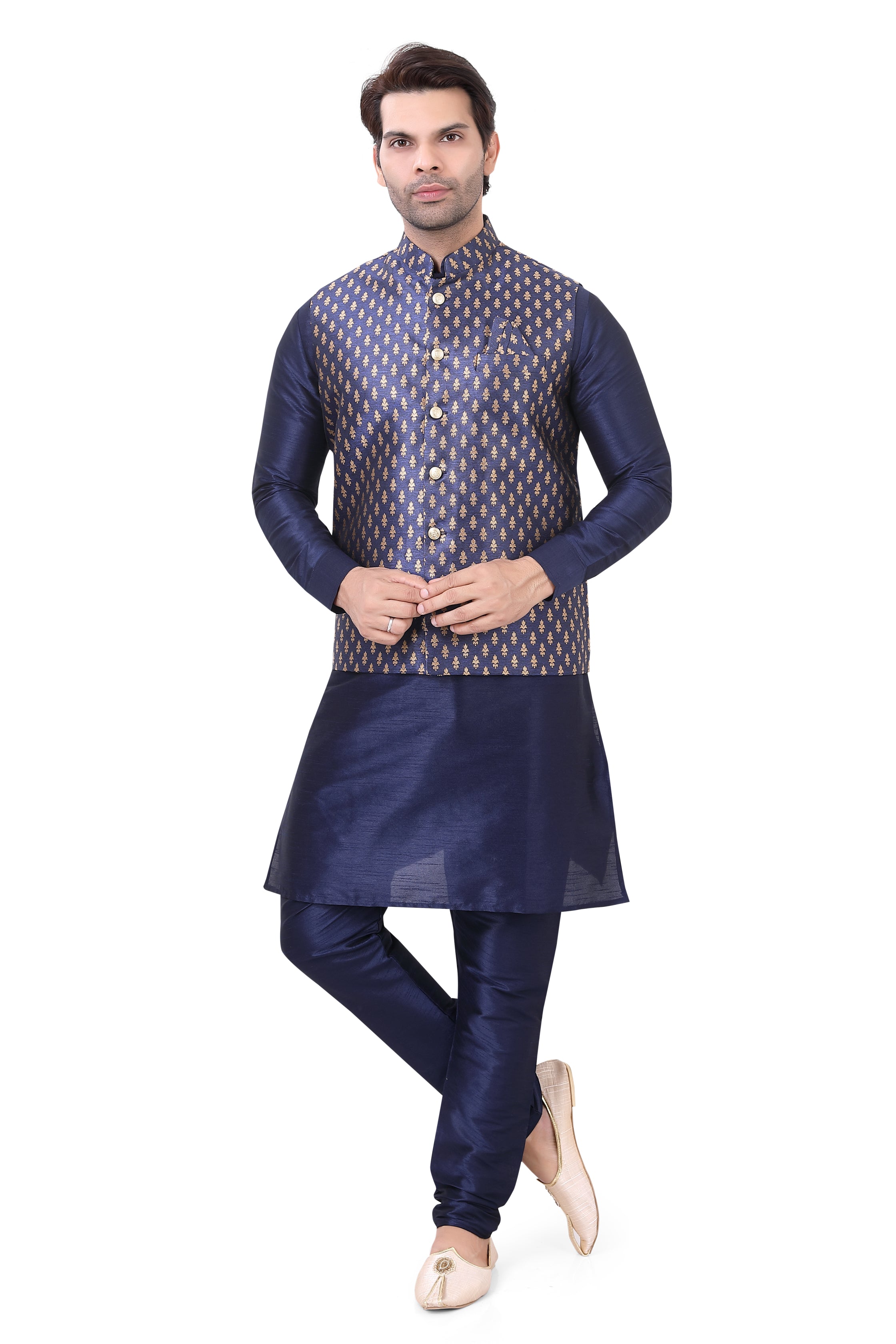 Navy Blue colour Brocade Waist Coat with Kurta Pajama-1