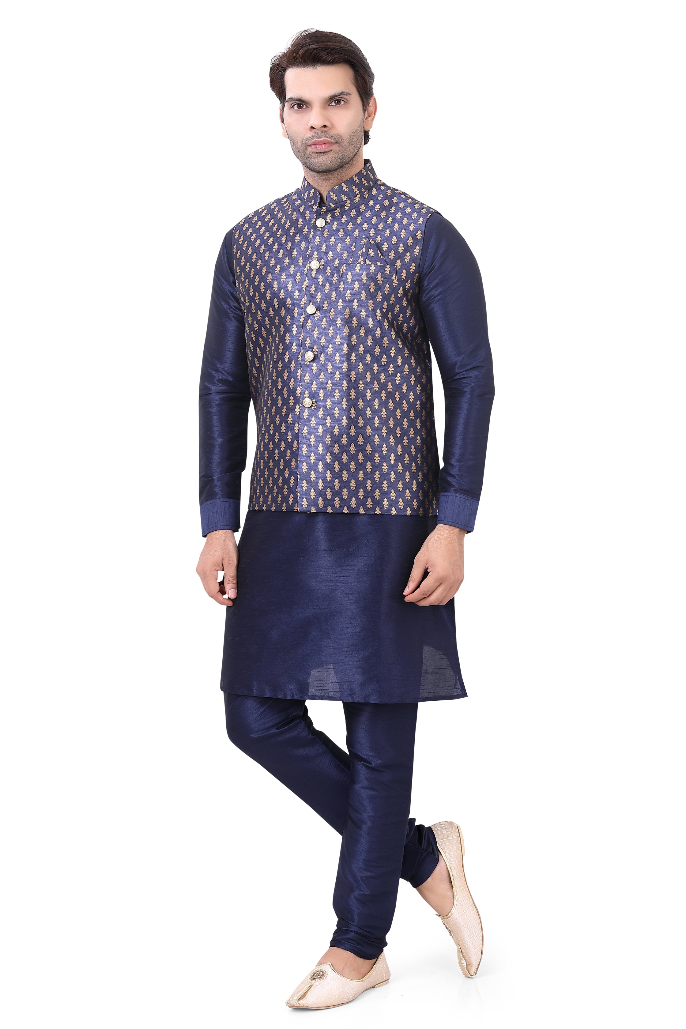 Navy Blue colour Brocade Waist Coat with Kurta Pajama-1