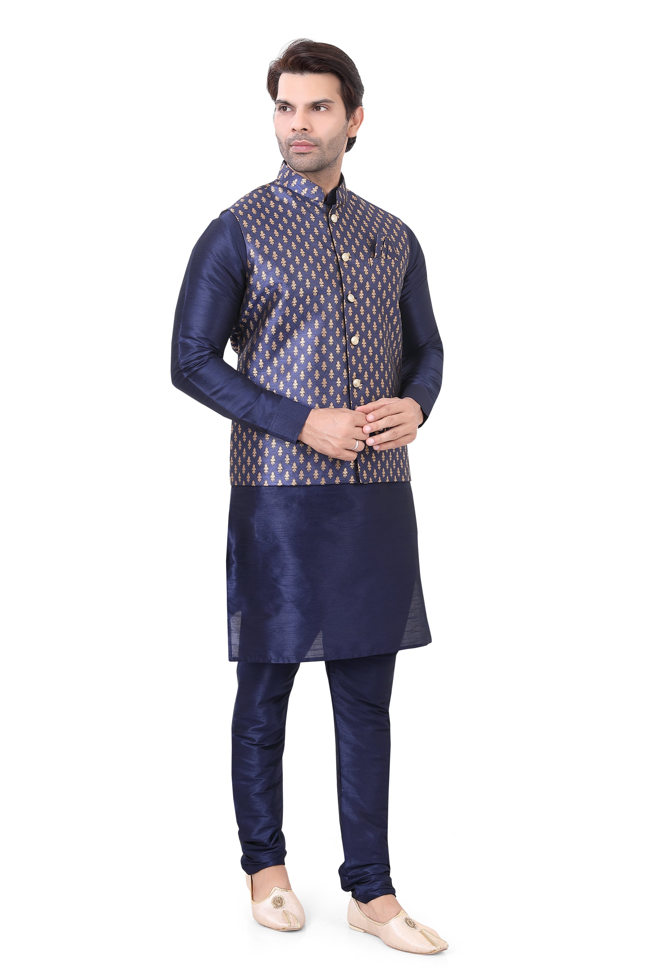 Navy Blue colour Brocade Waist Coat with Kurta Pajama-1