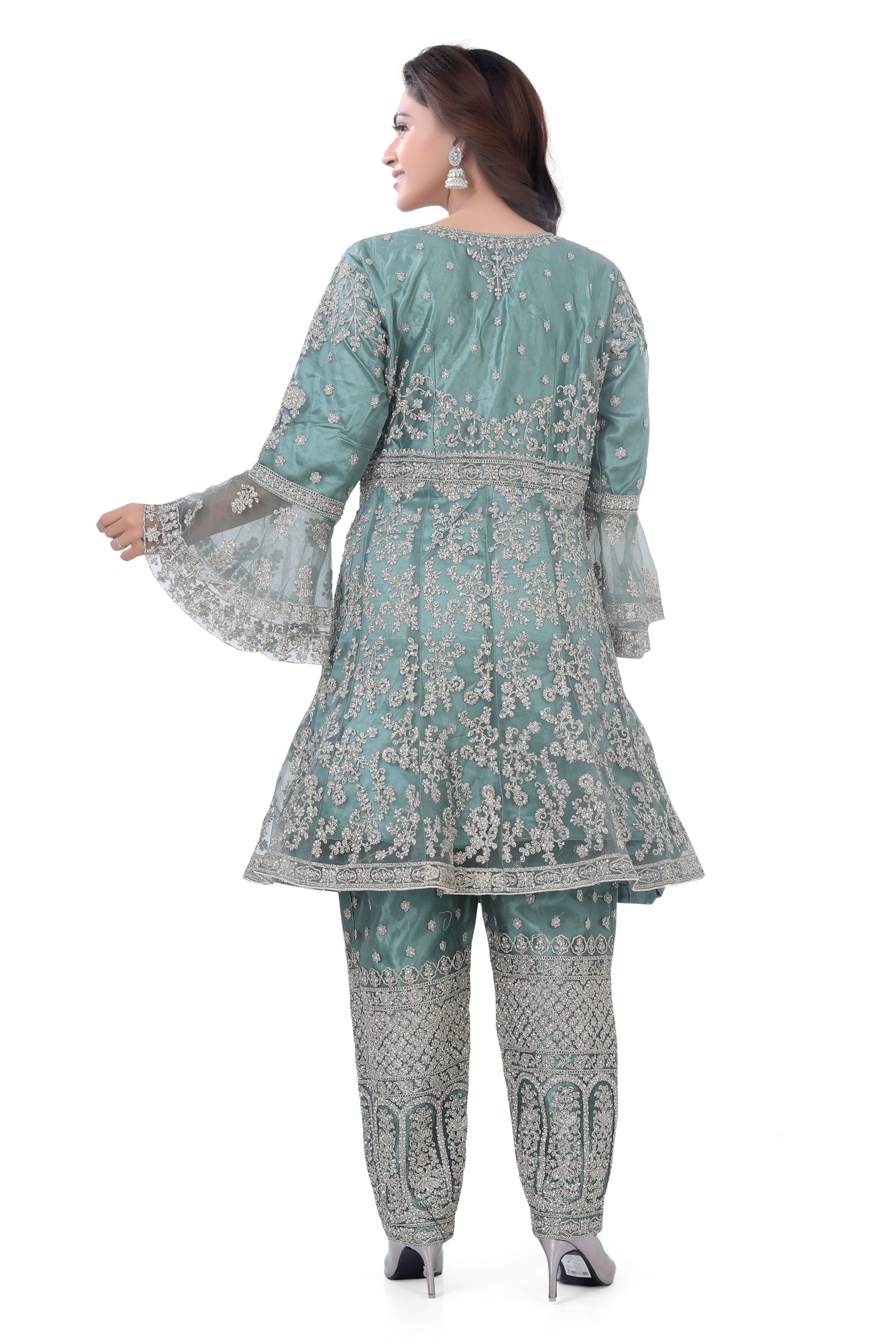 Sage Green Short Anarkali with Pencil Pant - Premium Festive Wear from Dulhan Exclusives - Just $535! Shop now at Dulhan Exclusives