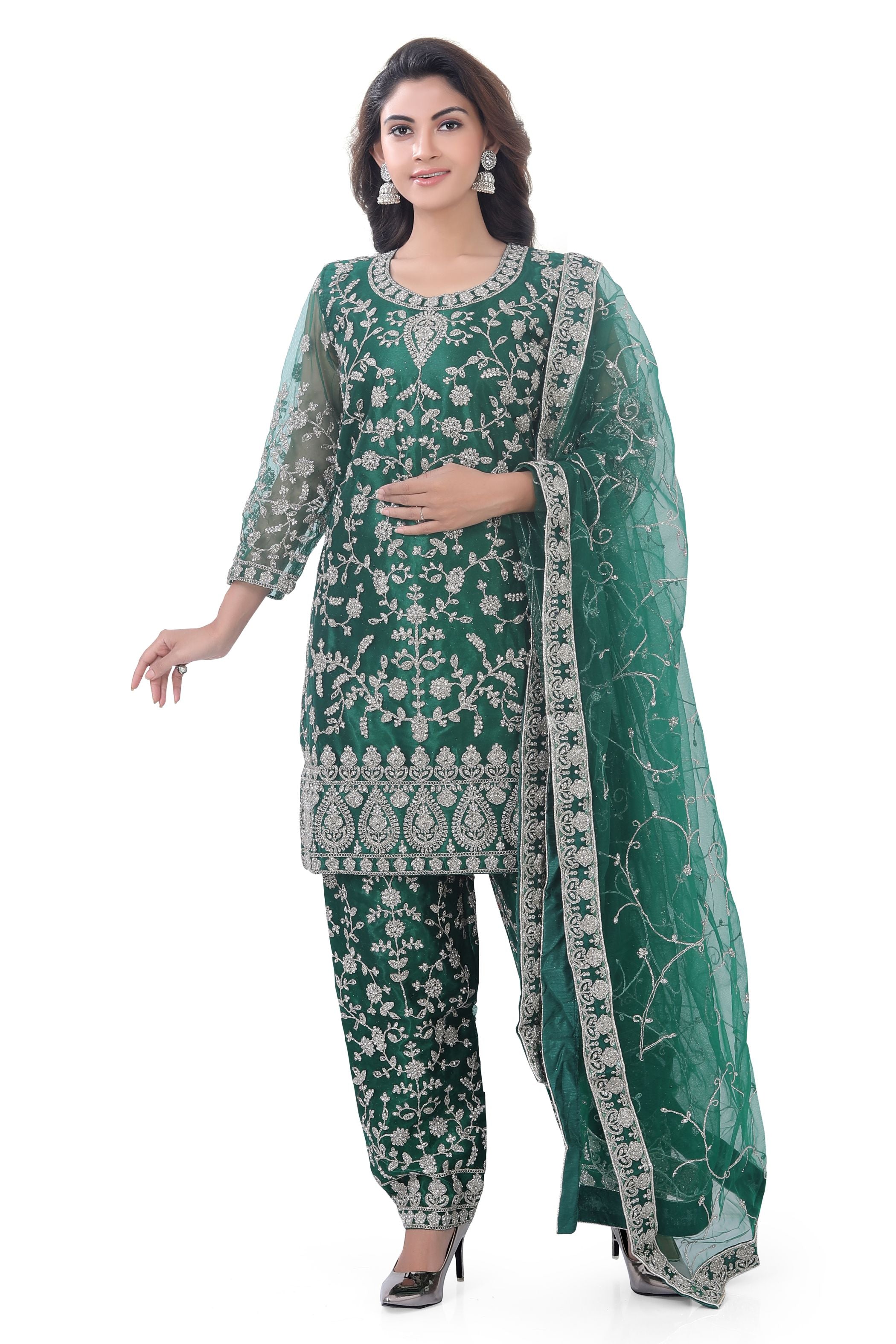 Heavy Embroidered Short Anarkali with Pencil Pant in Bottle Green Colour D.No.1