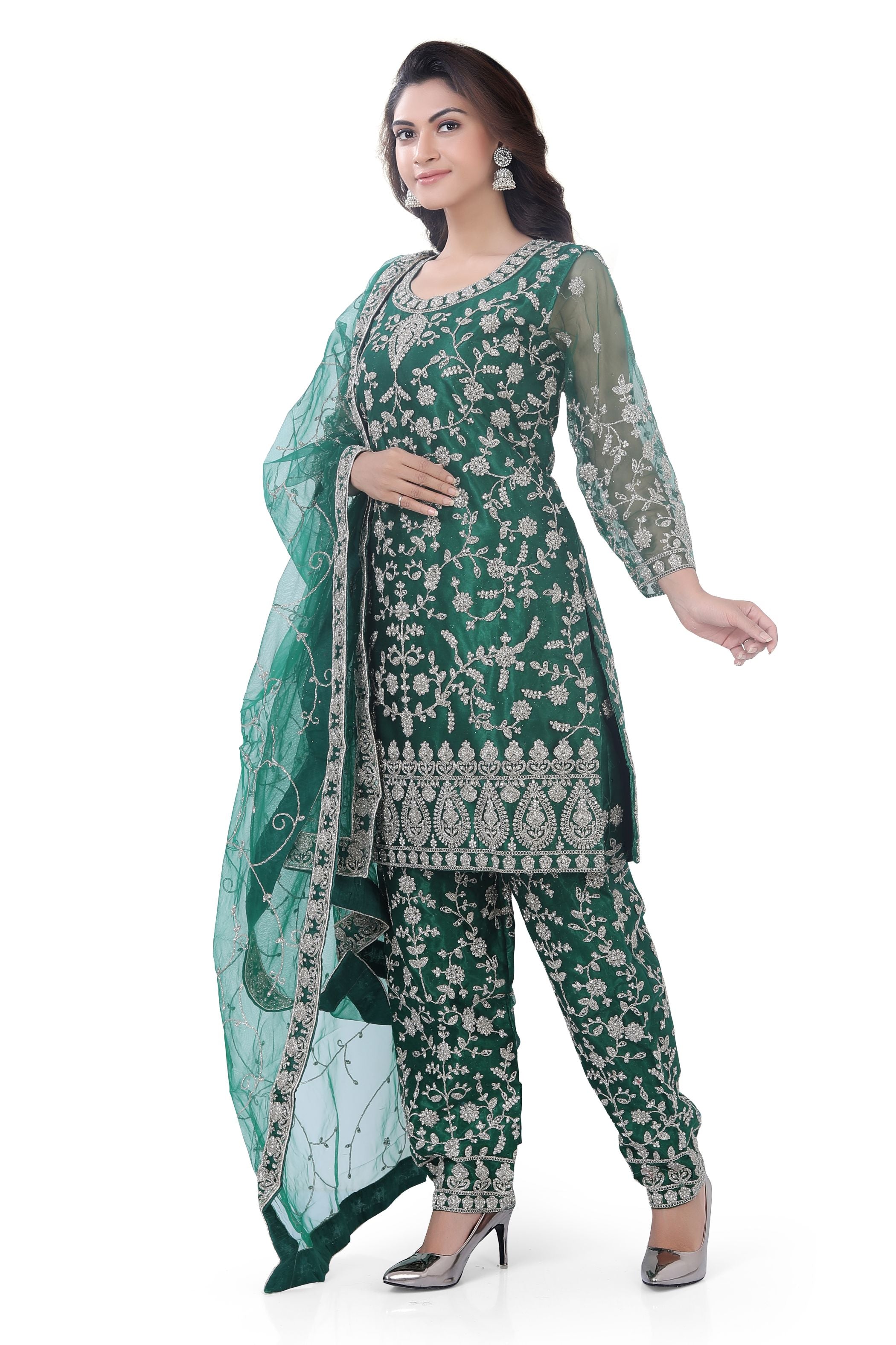 Heavy Embroidered Short Anarkali with Pencil Pant in Bottle Green Colour D.No.1