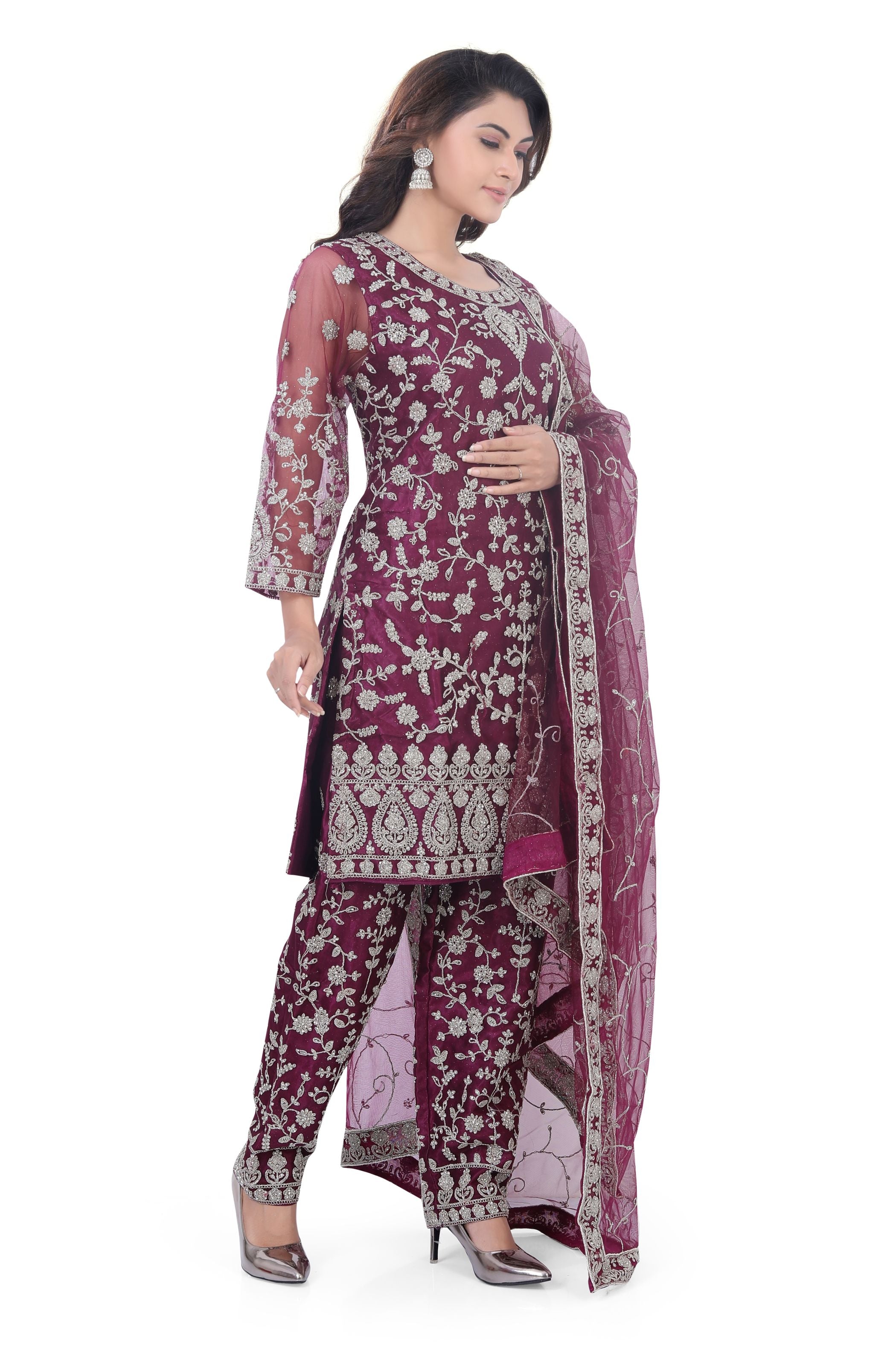 Wine Short Anarkali with Pencil Pant-2