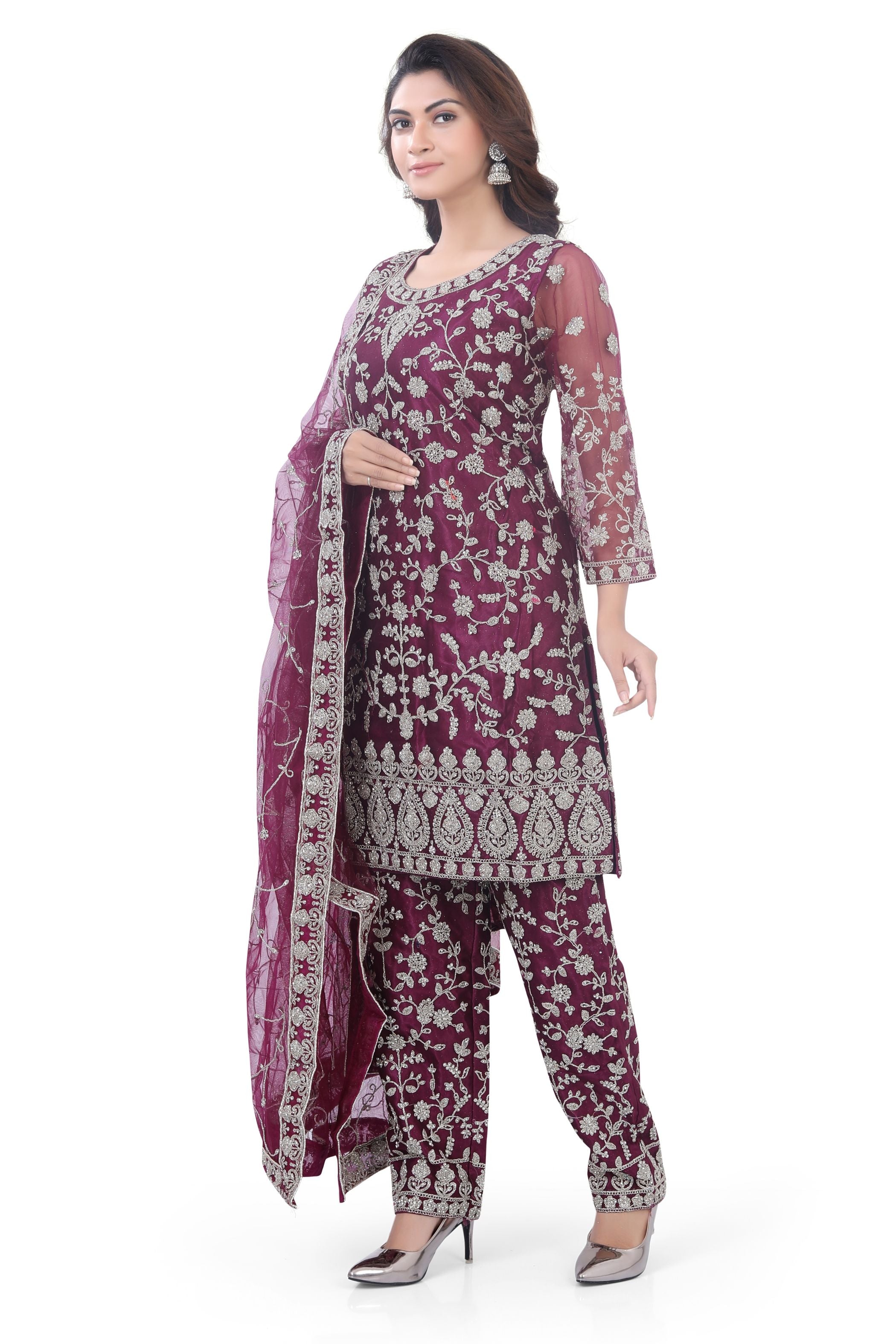 Wine Short Anarkali with Pencil Pant-2